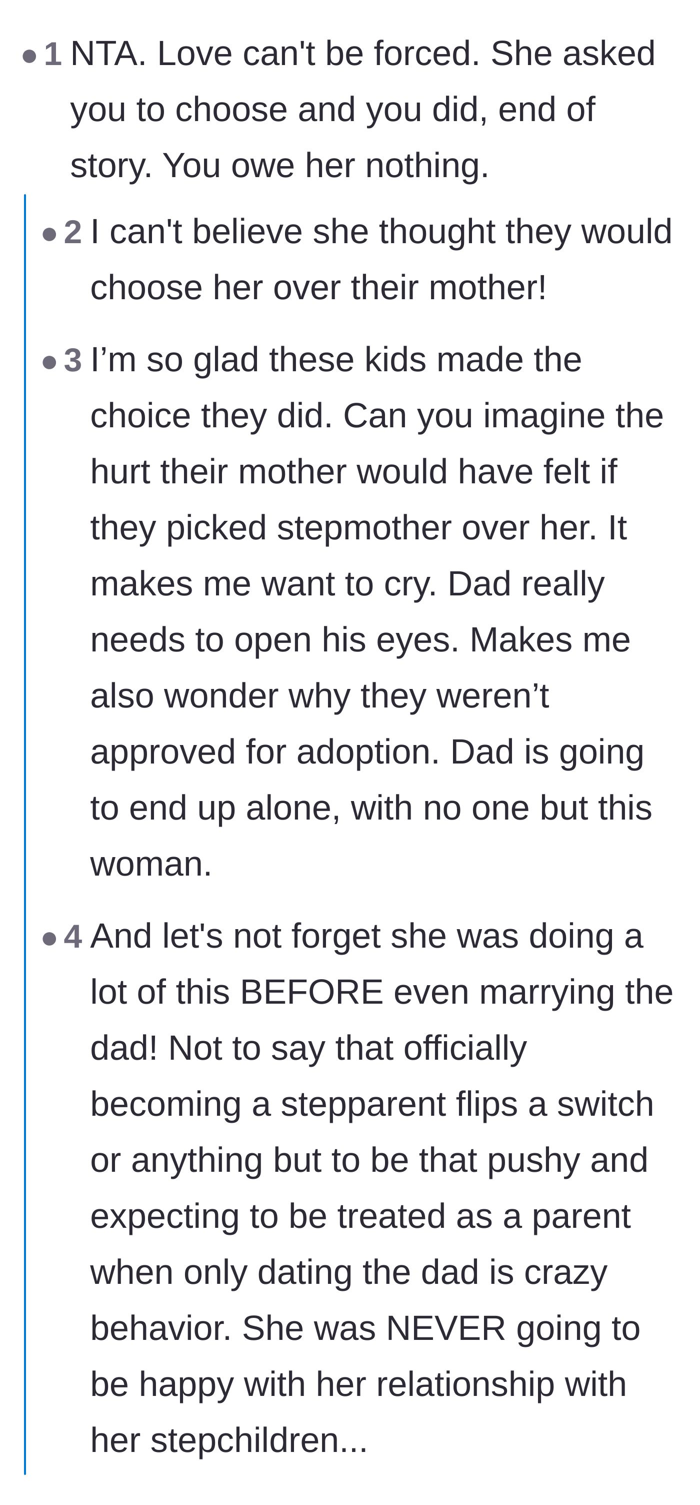 Comment thread 2 - A deep dive into how love cannot be forced, sharing the tragic reasons behind the stepmother's failed adoption and contrasting her with healthy stepparents.
