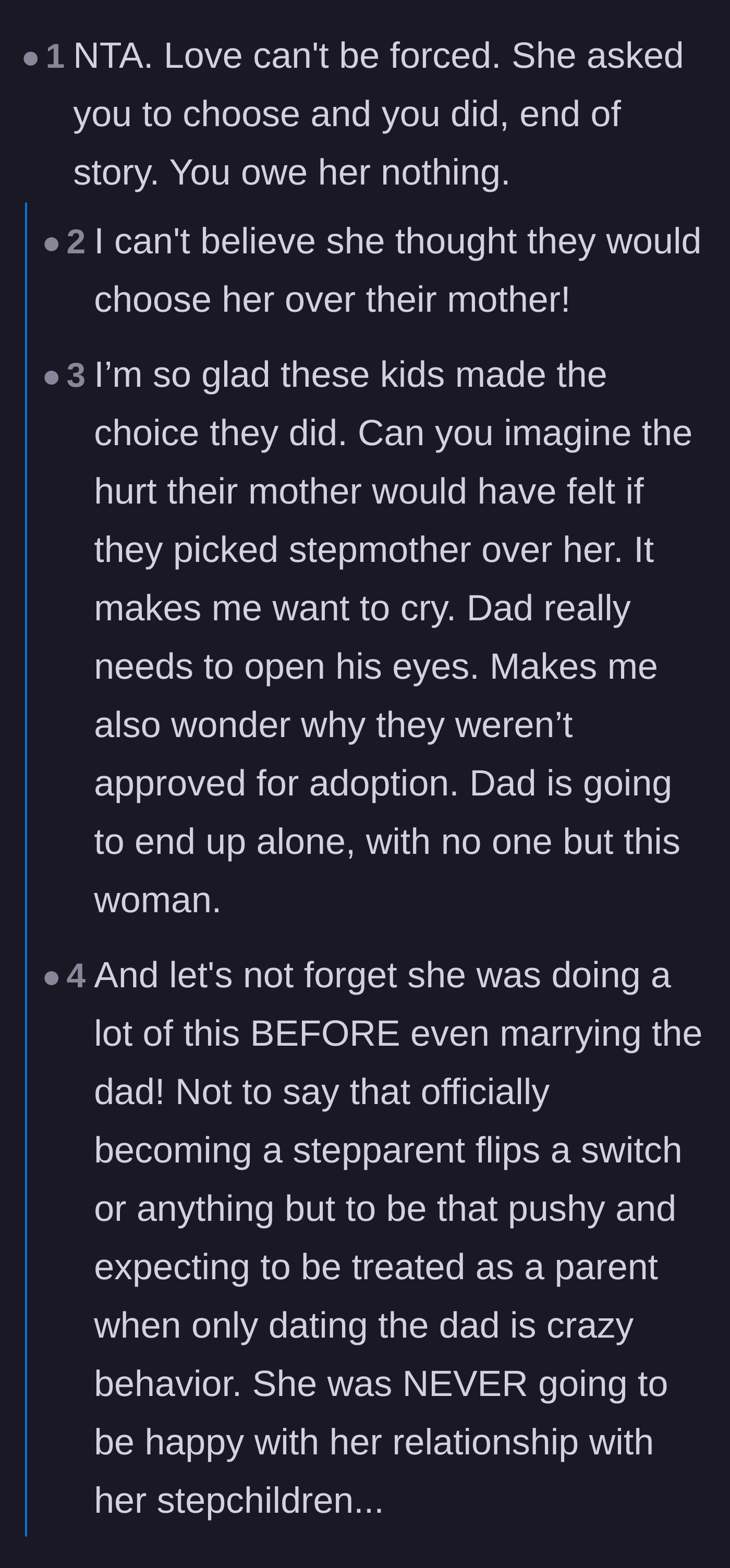 Comment thread 2 - A deep dive into how love cannot be forced, sharing the tragic reasons behind the stepmother's failed adoption and contrasting her with healthy stepparents.