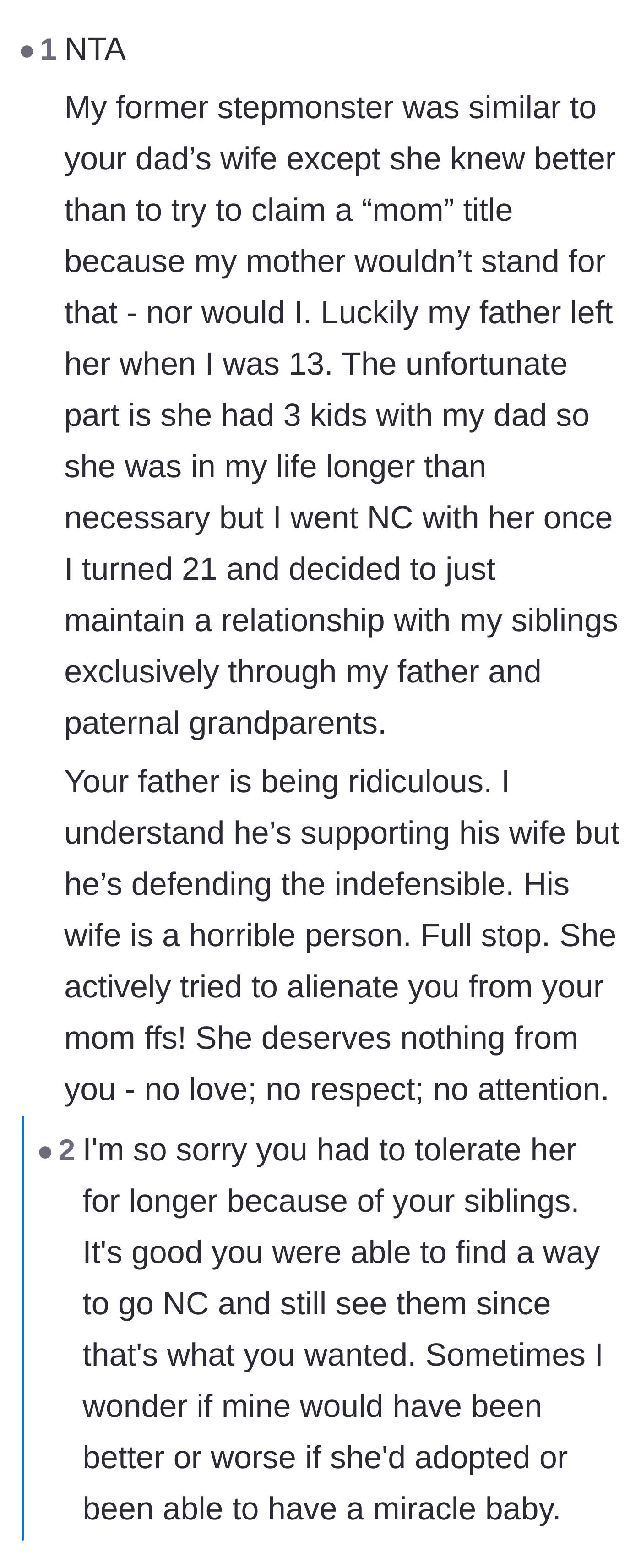 Comment thread 4 - A fellow survivor of a toxic stepparent shares their own story and firmly validates the narrator's decision to walk away.
