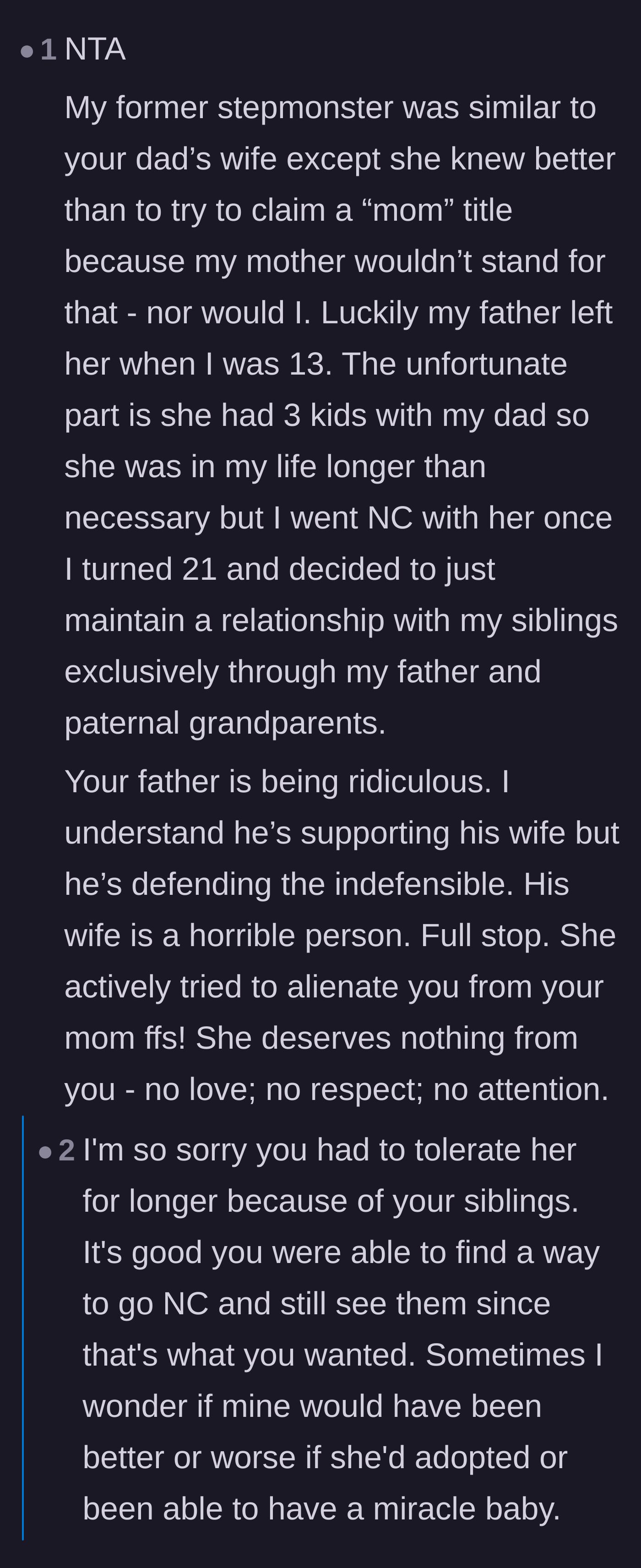 Comment thread 4 - A fellow survivor of a toxic stepparent shares their own story and firmly validates the narrator's decision to walk away.