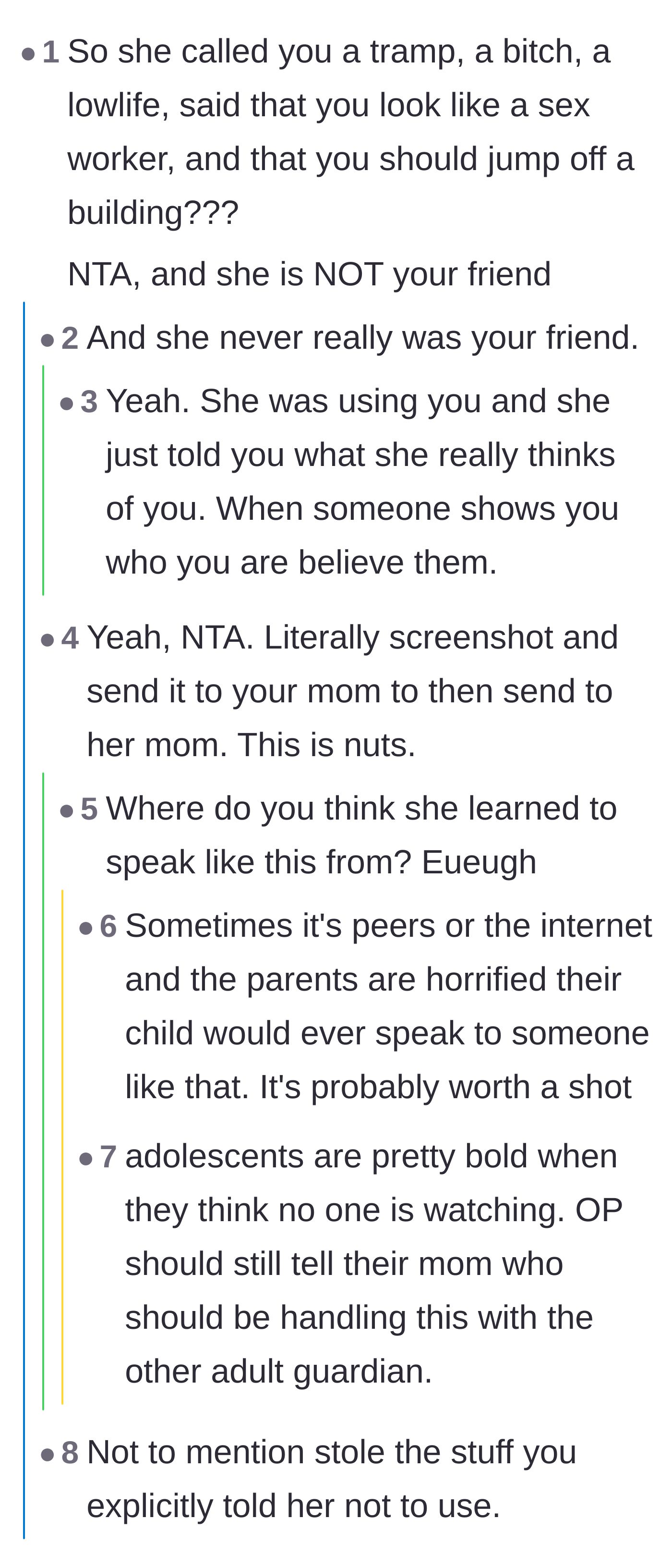 Comment thread 1 - Readers point out the friend's extreme verbal abuse and urge the author to show the texts to their mothers