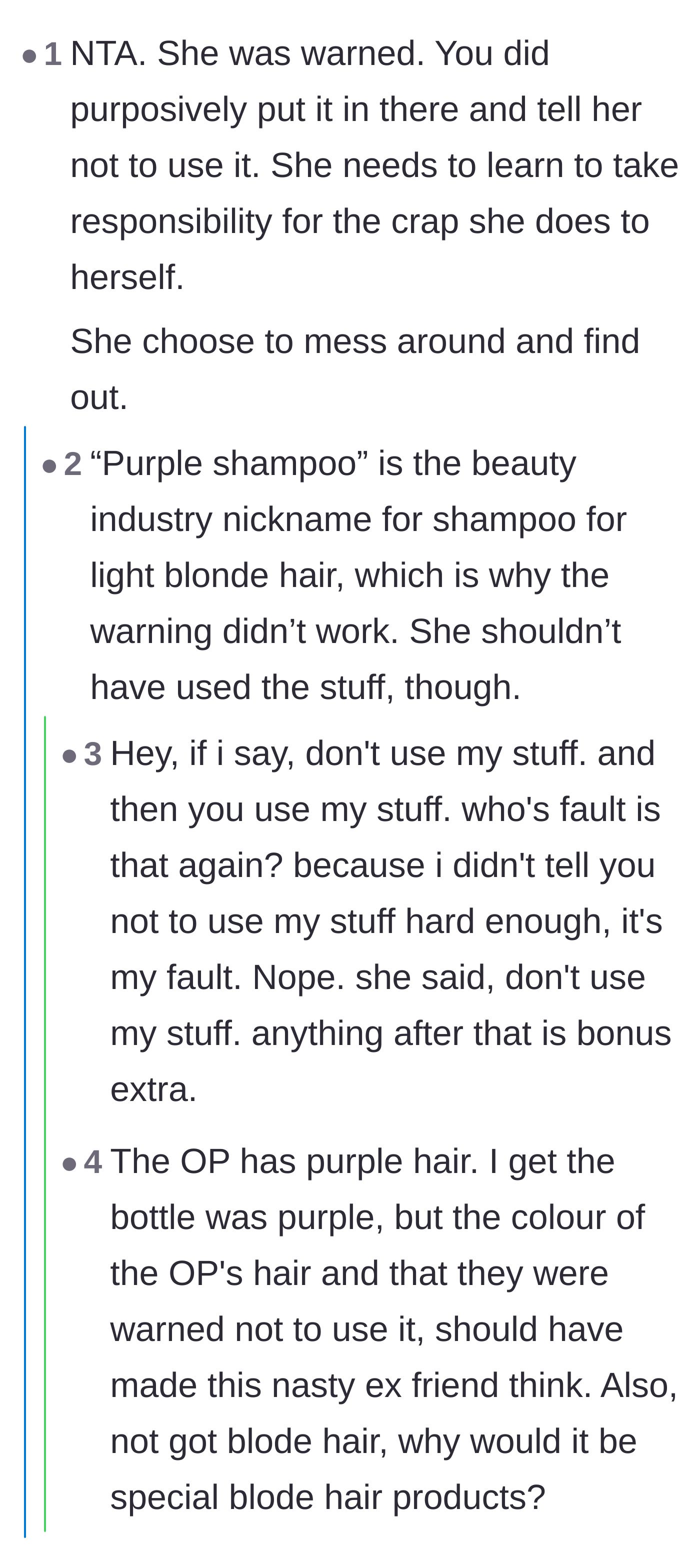 Comment thread 2 - Commenters debate whether 'purple shampoo' confused the blonde friend before agreeing that 'no' means 'no'