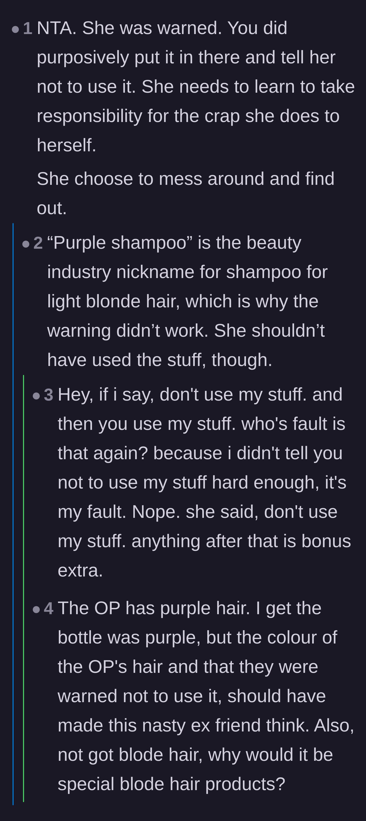 Comment thread 2 - Commenters debate whether 'purple shampoo' confused the blonde friend before agreeing that 'no' means 'no'