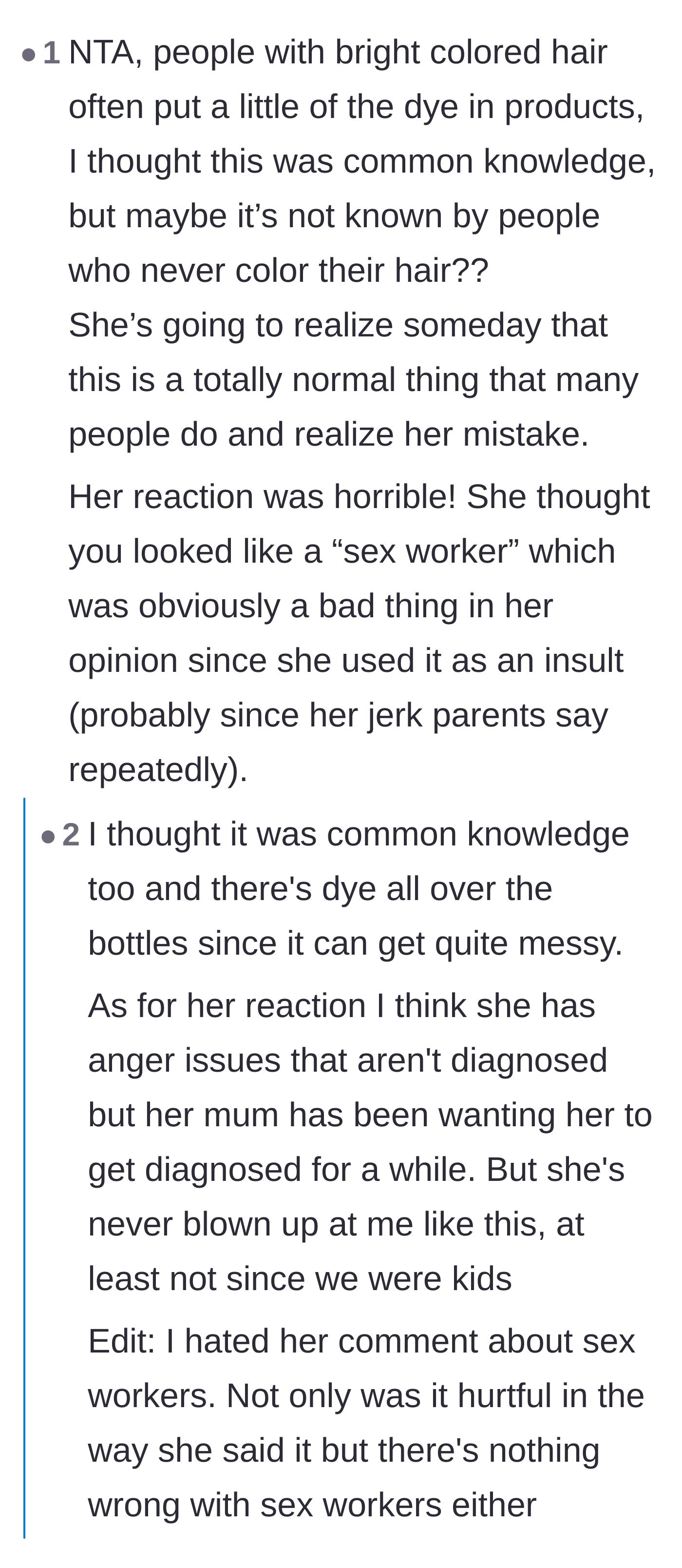 Comment thread 5 - The author replies to explain the messy dye bottles and her friend's anger issues while commenters comfort her
