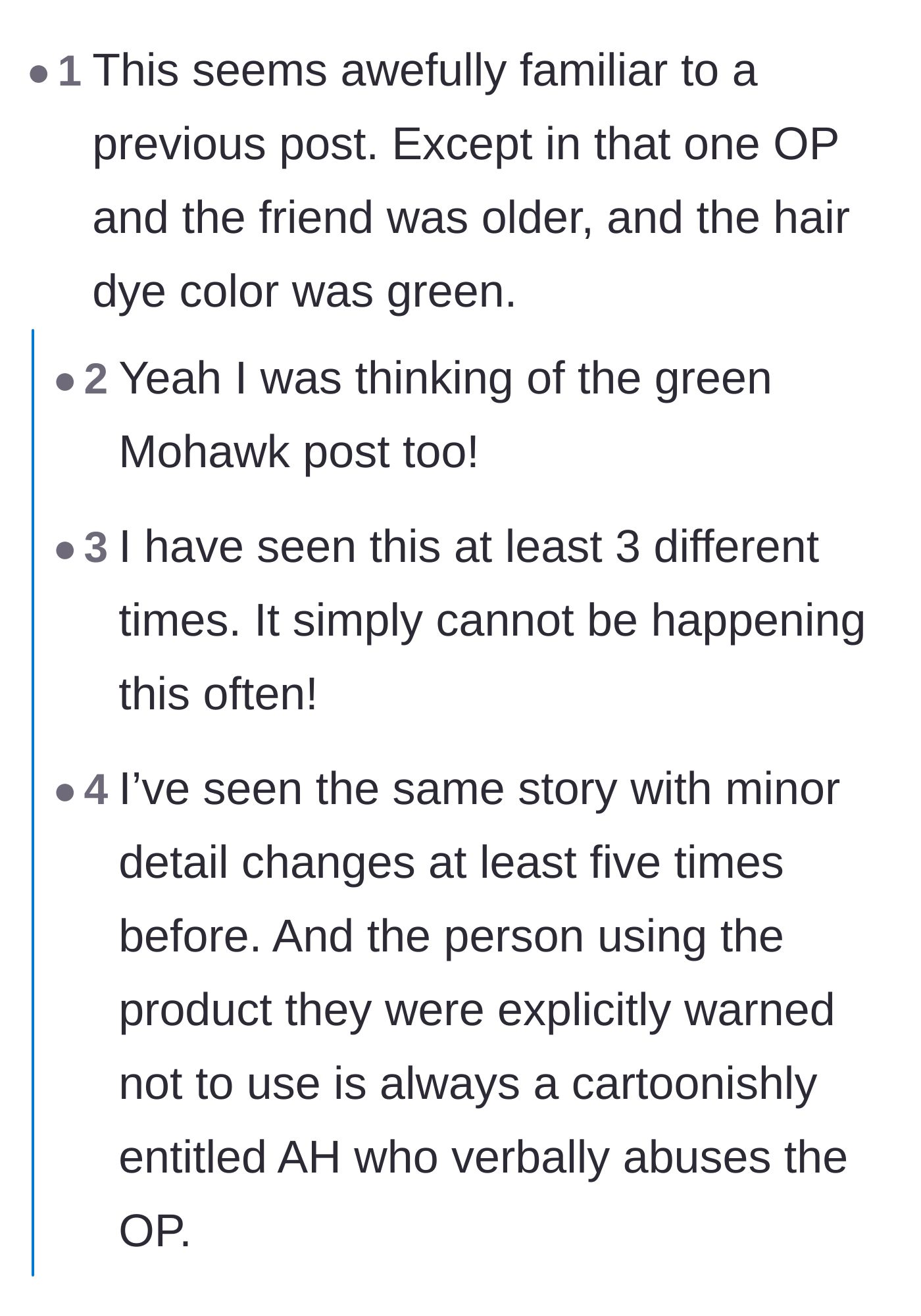 Comment thread 6 - Skeptical readers point out that this story sounds suspiciously similar to older viral posts about dyed shampoo