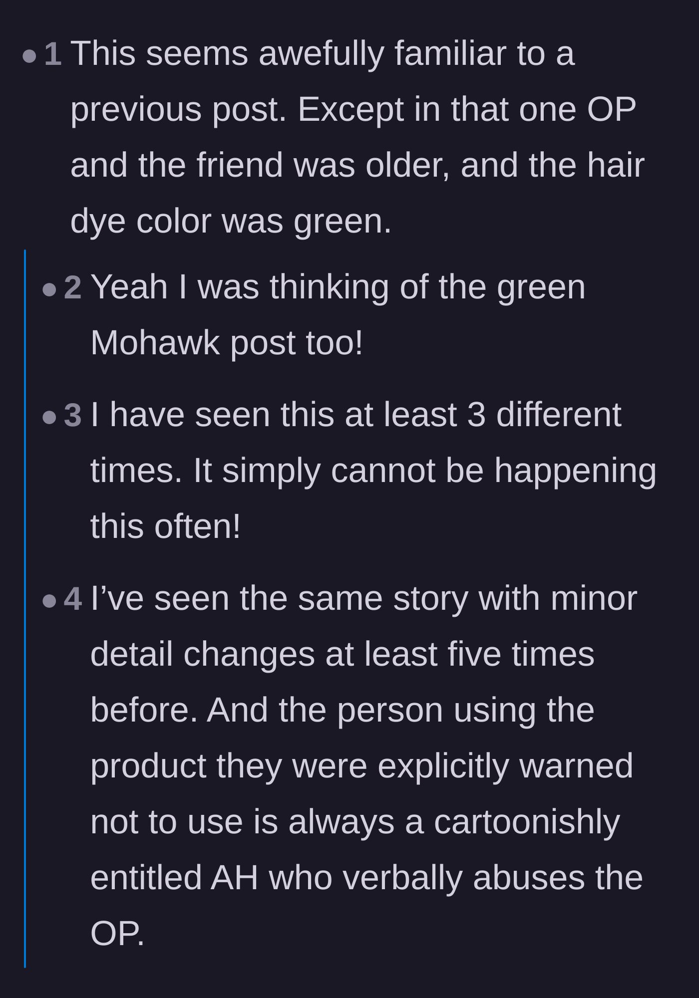 Comment thread 6 - Skeptical readers point out that this story sounds suspiciously similar to older viral posts about dyed shampoo