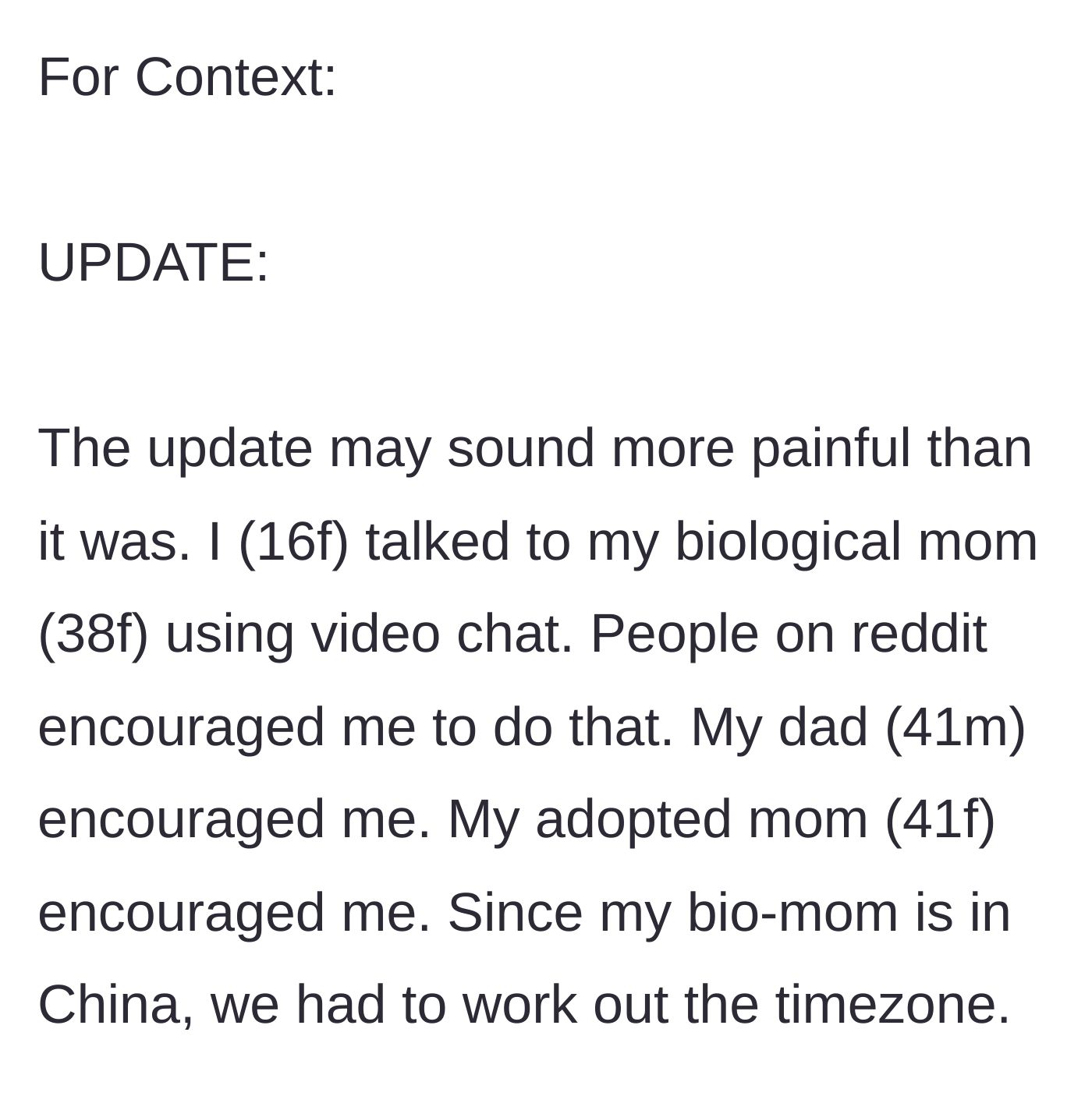 Story part 1 - A 16-year-old girl setting up an international video call with the biological mother she just found out existed.