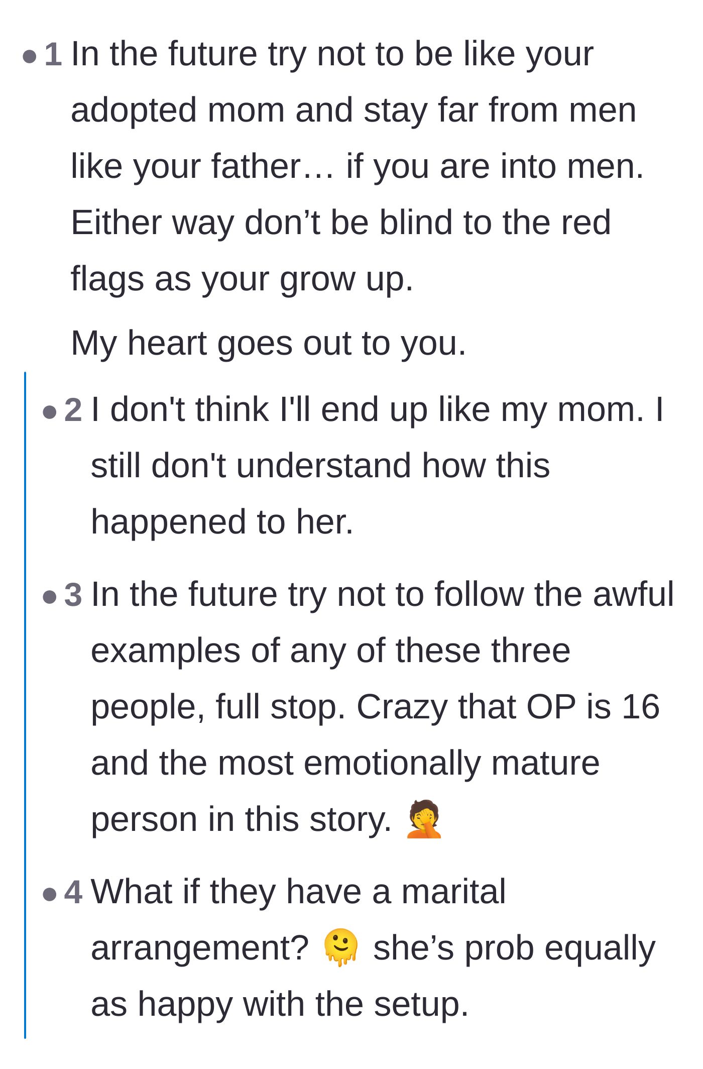 Comment thread 1 - A discussion analyzing why the adoptive mother stays and urging the teen not to accept the same red flags in her own future.