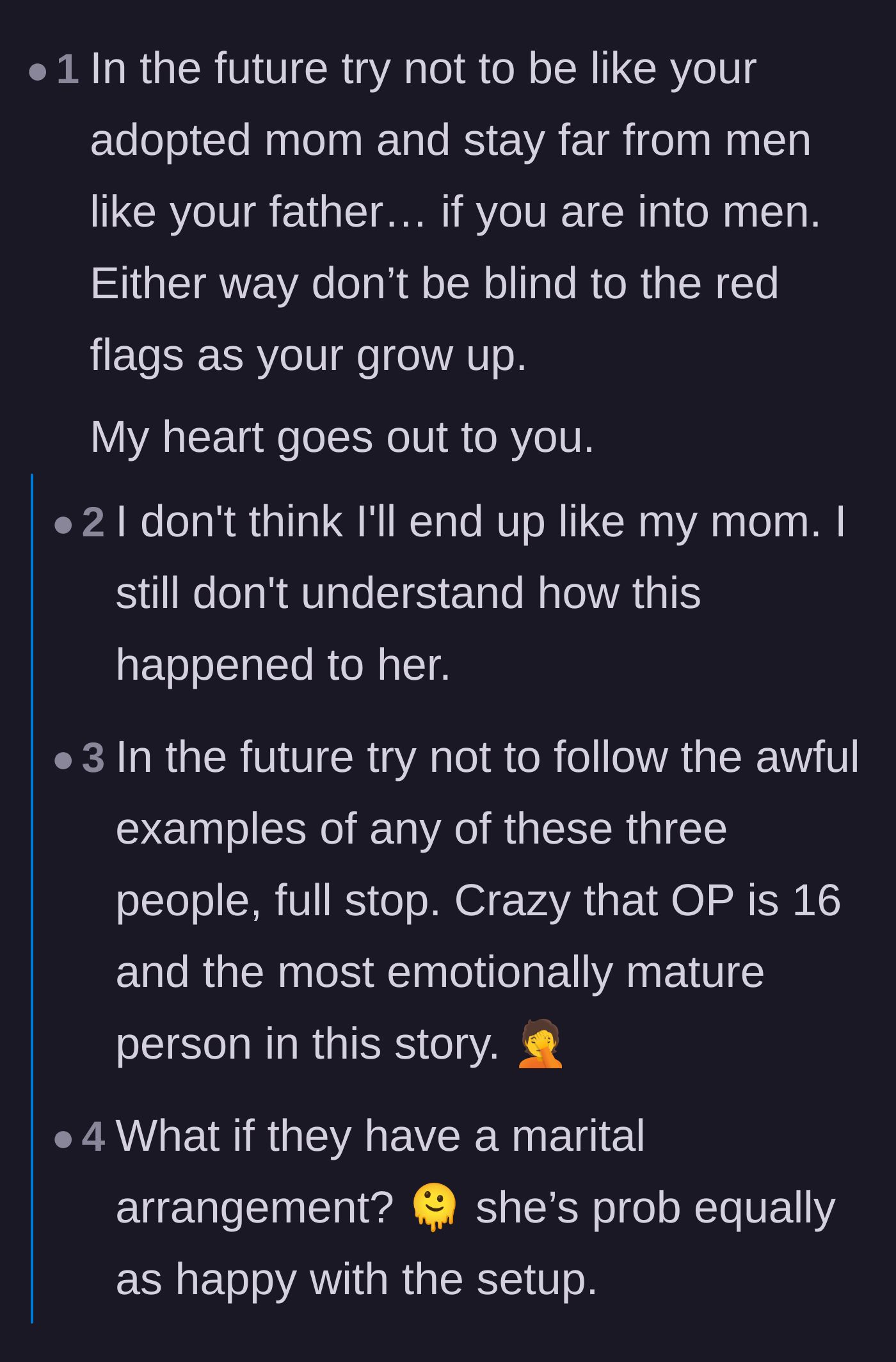 Comment thread 1 - A discussion analyzing why the adoptive mother stays and urging the teen not to accept the same red flags in her own future.