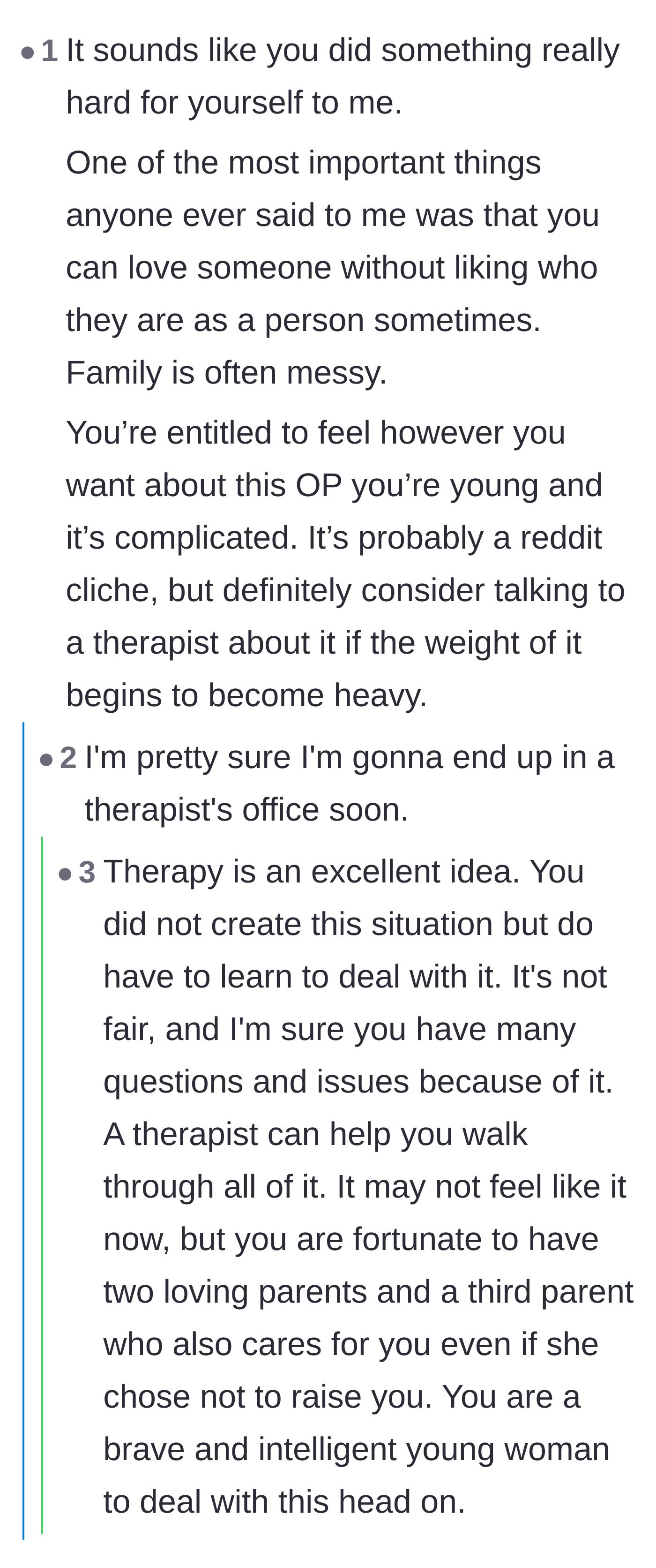 Comment thread 2 - Commenters offering gentle support and validating the teenager's decision to seek professional therapy to process her complicated grief.