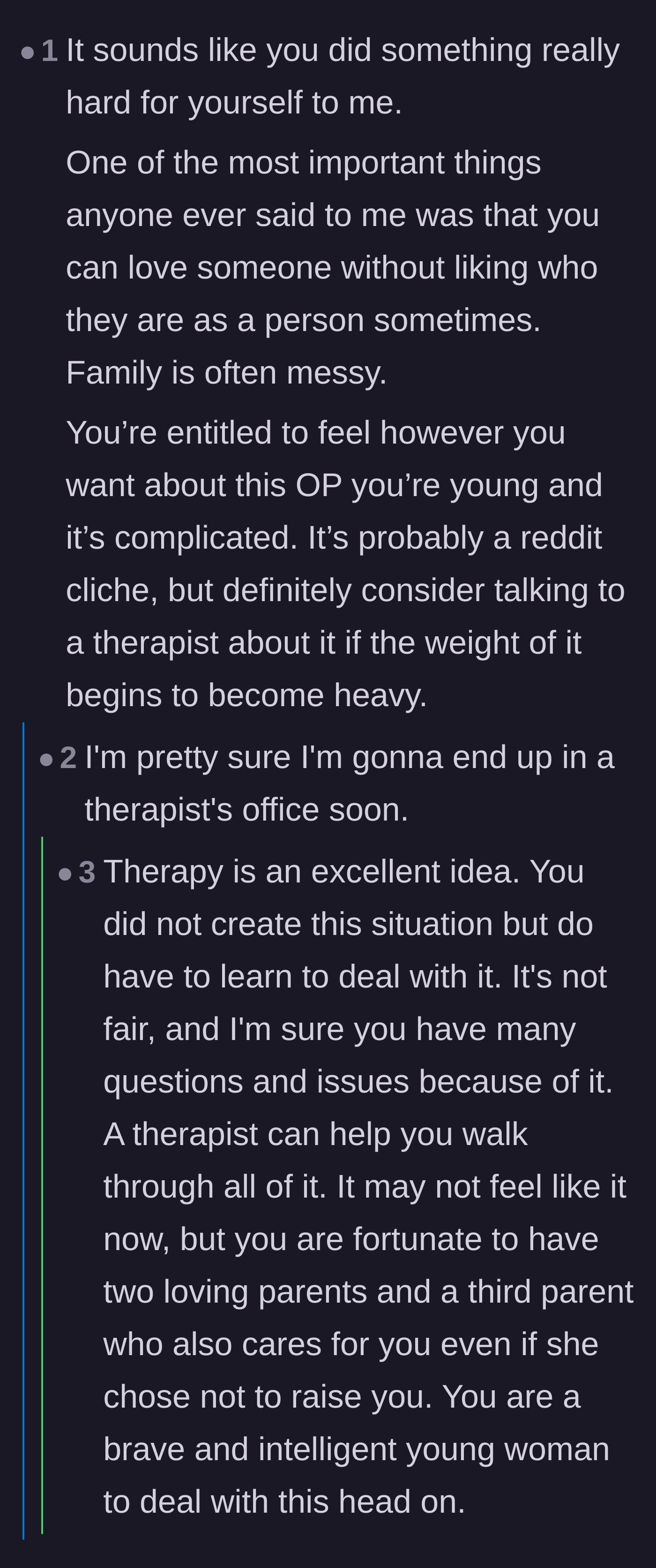 Comment thread 2 - Commenters offering gentle support and validating the teenager's decision to seek professional therapy to process her complicated grief.
