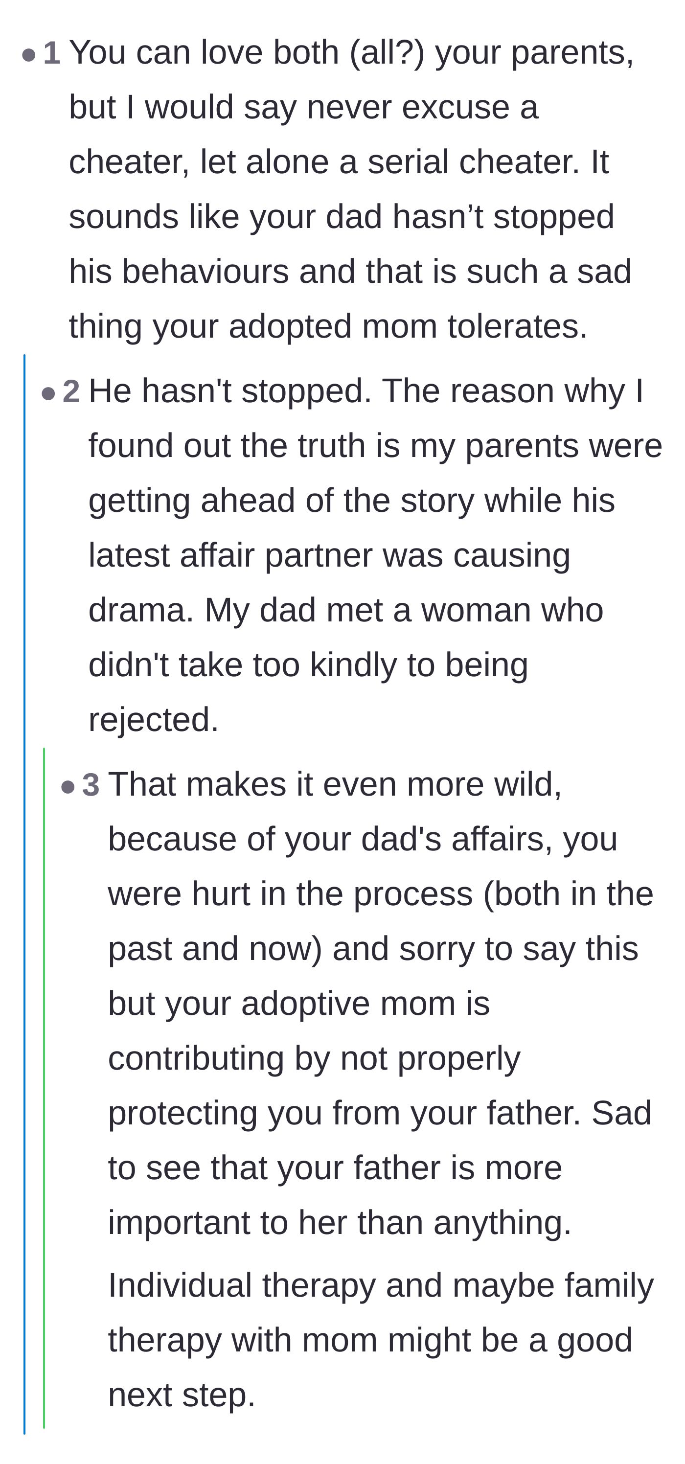 Comment thread 3 - The teenager revealing that her parents only confessed the truth because her father's newest affair partner started causing public drama.