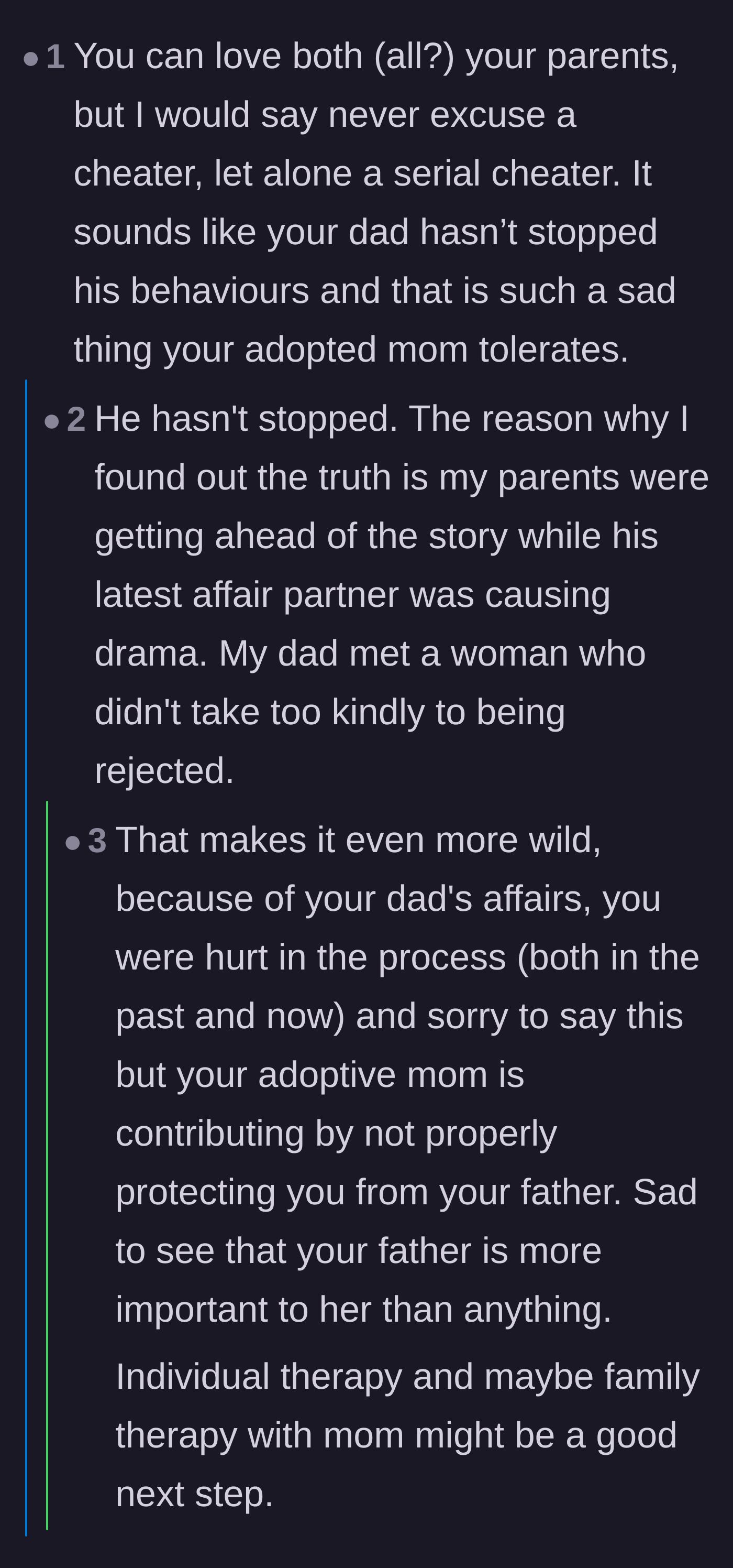 Comment thread 3 - The teenager revealing that her parents only confessed the truth because her father's newest affair partner started causing public drama.
