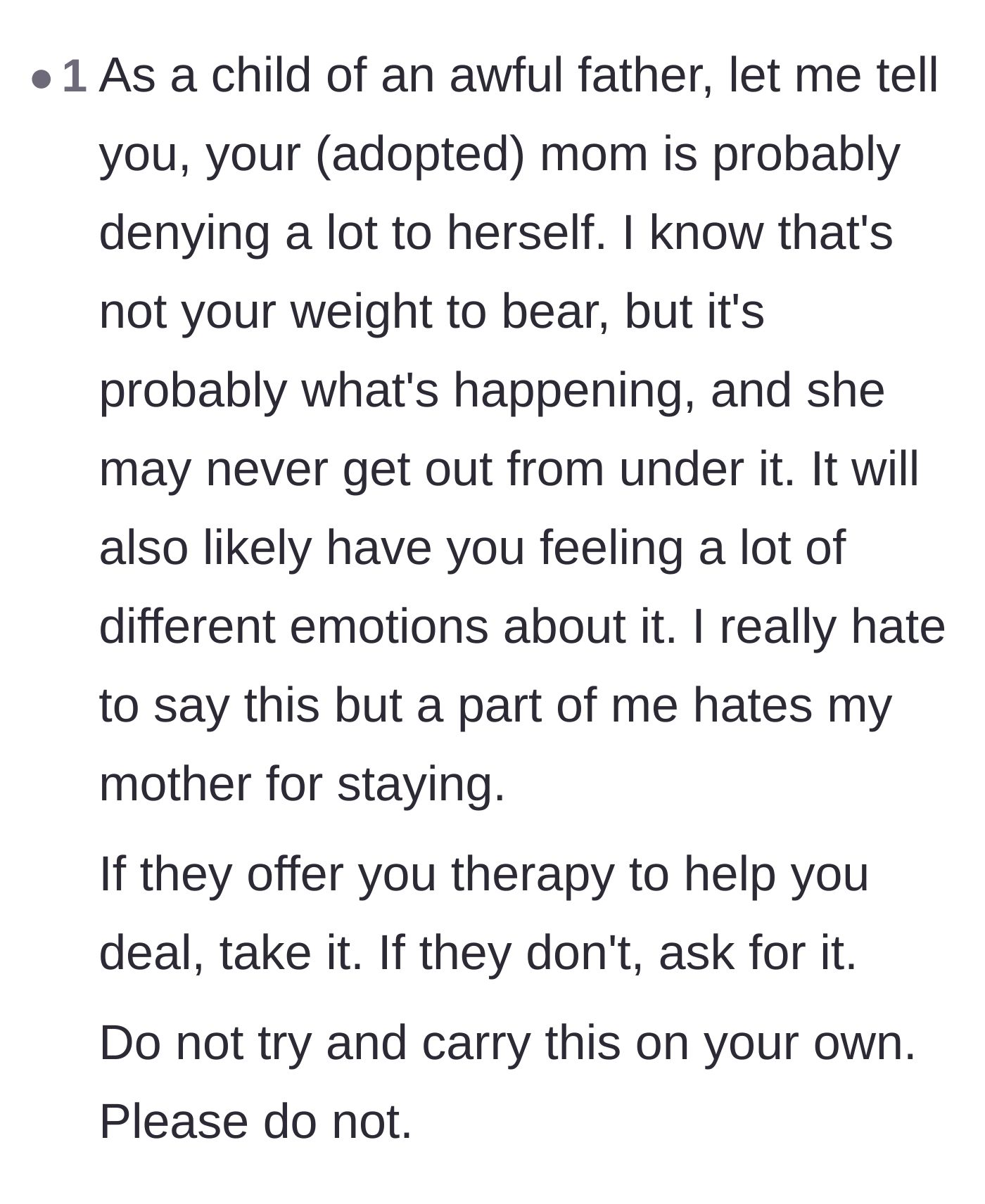 Comment thread 4 - A heartbreaking warning from someone with a similar childhood, explaining the deep resentment that builds toward a mother who refuses to leave.