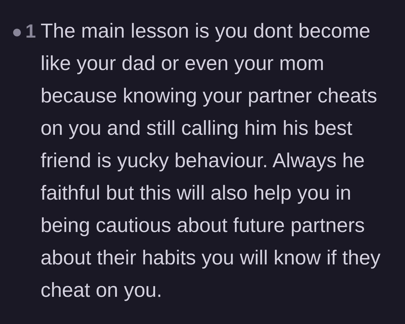 Comment thread 6 - A final supportive comment reminding the teen to use her parents' toxic dynamic as a cautionary tale for her own future relationships.