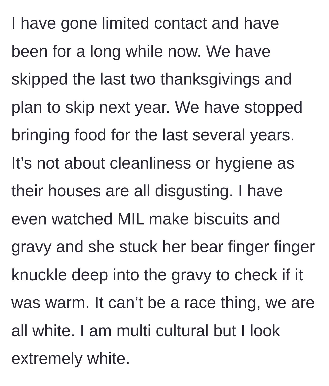 Story part 6 - A disgusted look at a Mother-in-Law sticking her bare finger into a pot of gravy.