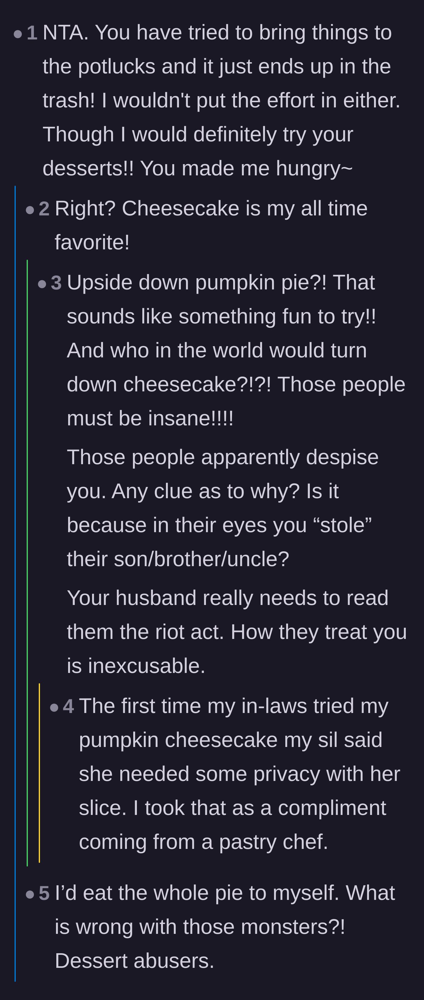 Comment thread 1 - Readers validating the wife's cooking and questioning the in-laws' unhinged hatred.