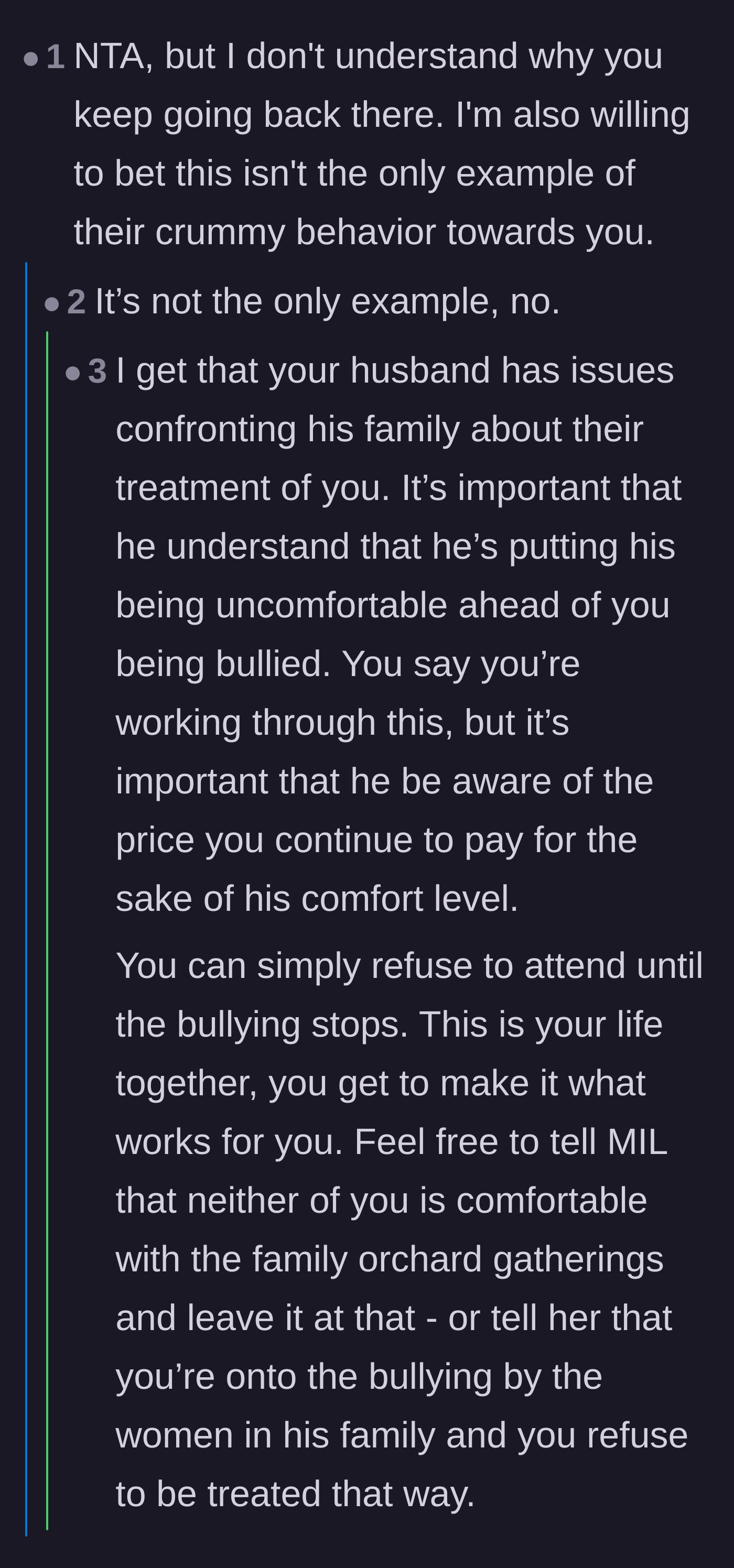 Comment thread 2 - Advice on setting boundaries, with one reply suggesting she just bring a trash can to the party.