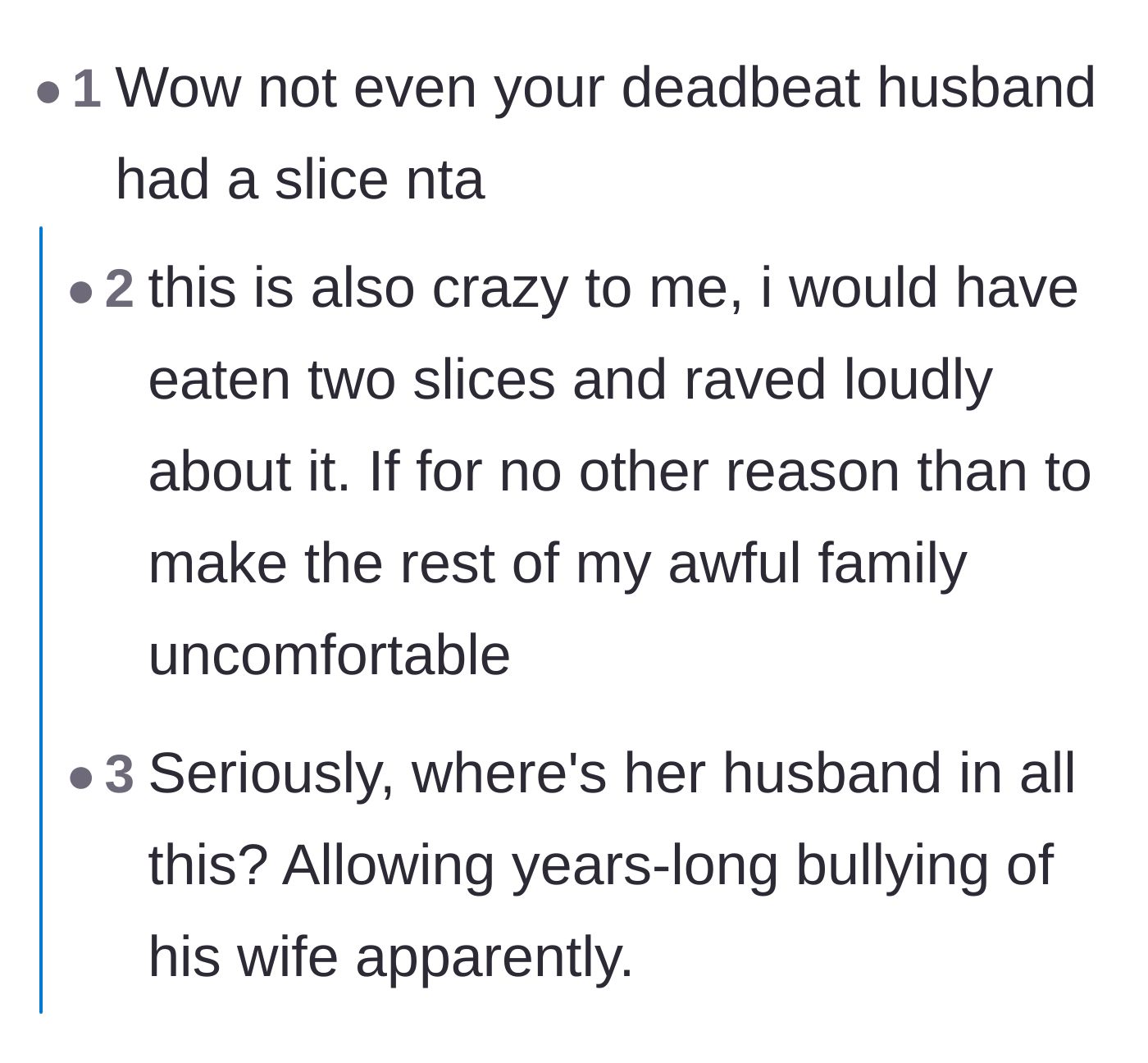 Comment thread 4 - Disbelief over the husband's lack of support and solidarity at the potlucks.