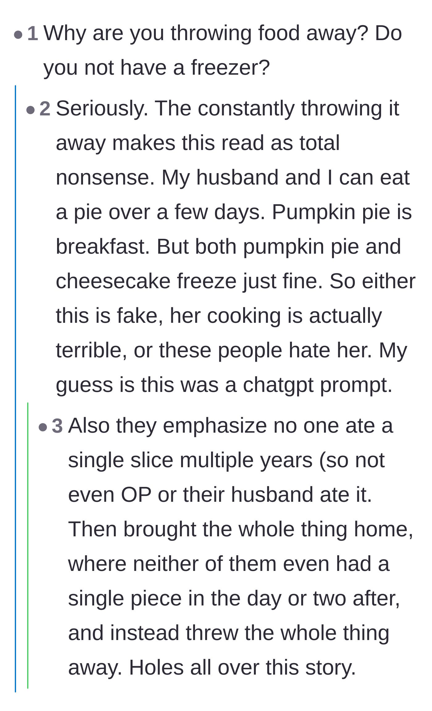 Comment thread 6 - Skeptics questioning the logistics of throwing away the desserts instead of freezing them.