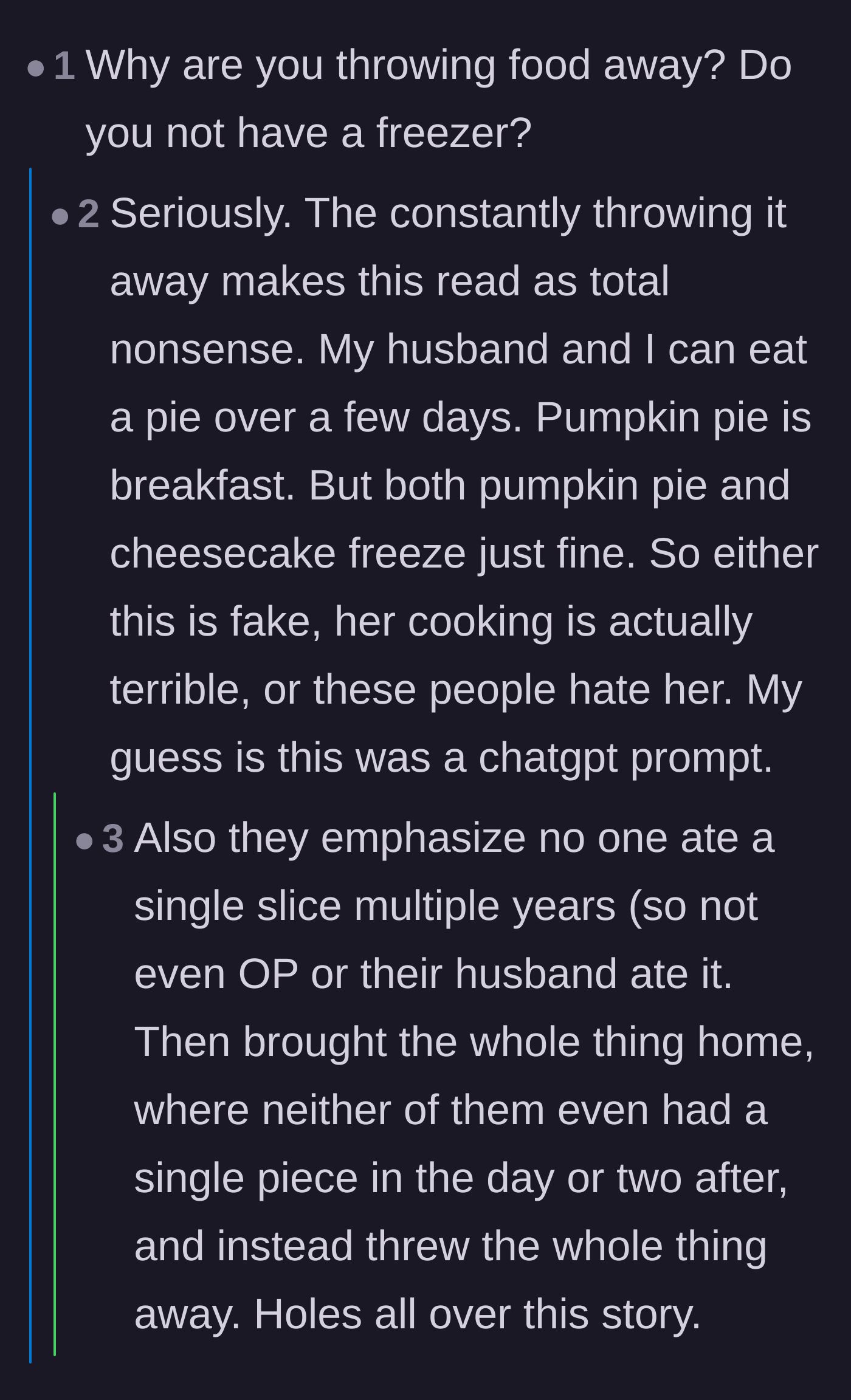 Comment thread 6 - Skeptics questioning the logistics of throwing away the desserts instead of freezing them.