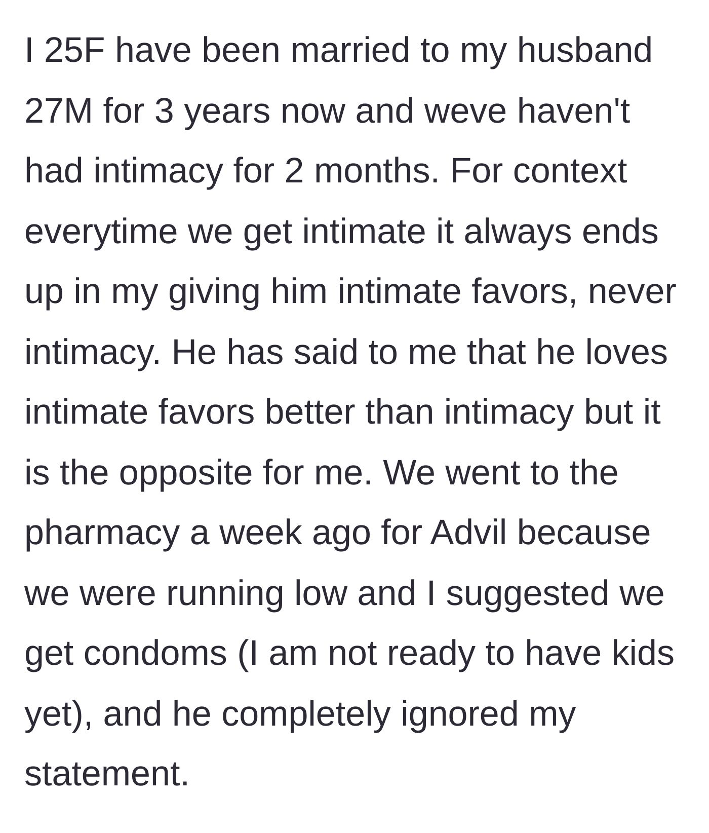 Story part 1 - Wife explains her husband only wants to receive oral and ignores her request to buy condoms.