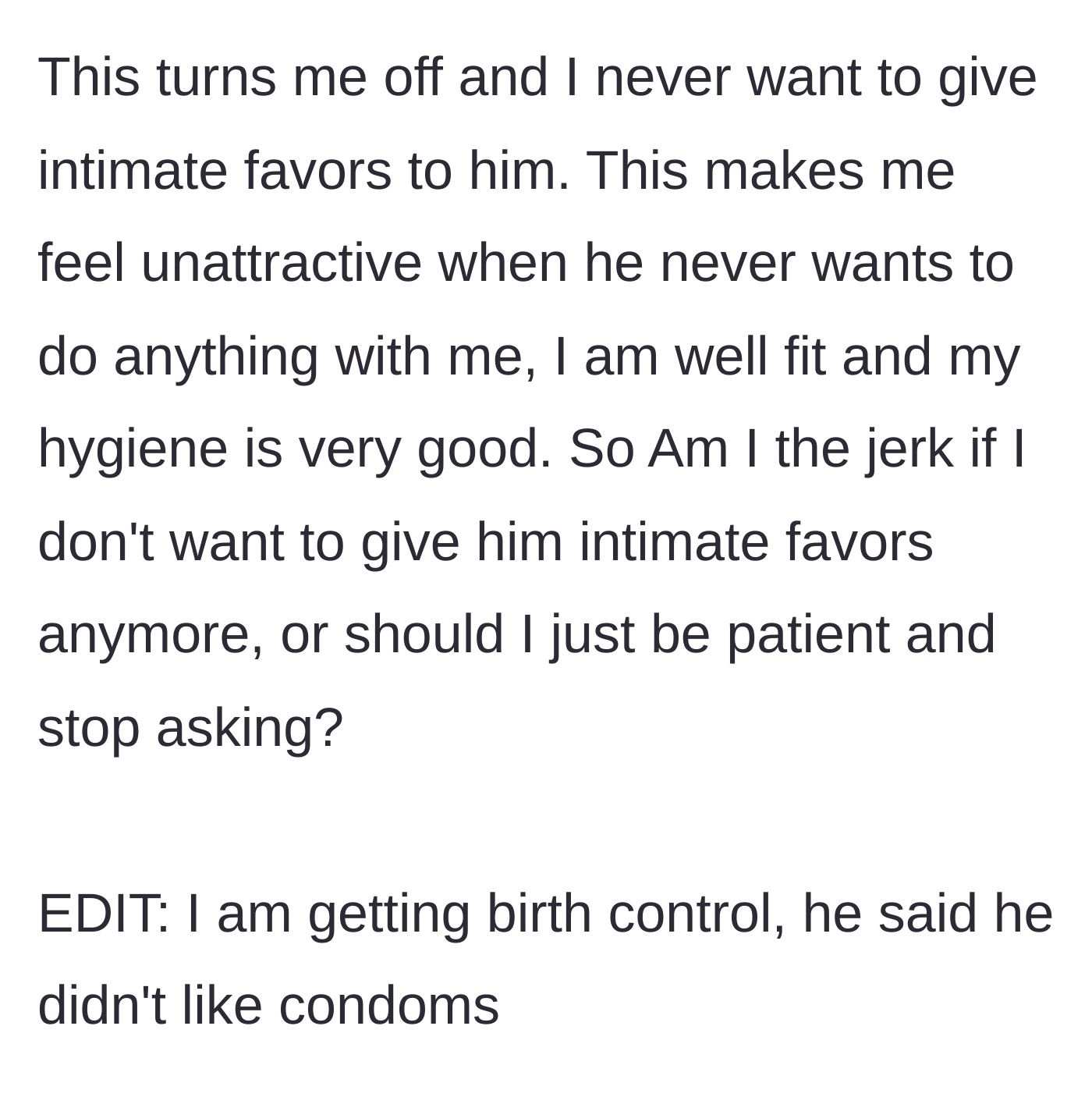 Story part 3 - Wife feels deeply unattractive and loses all desire, ultimately revealing she is going on birth control because her husband hates condoms.