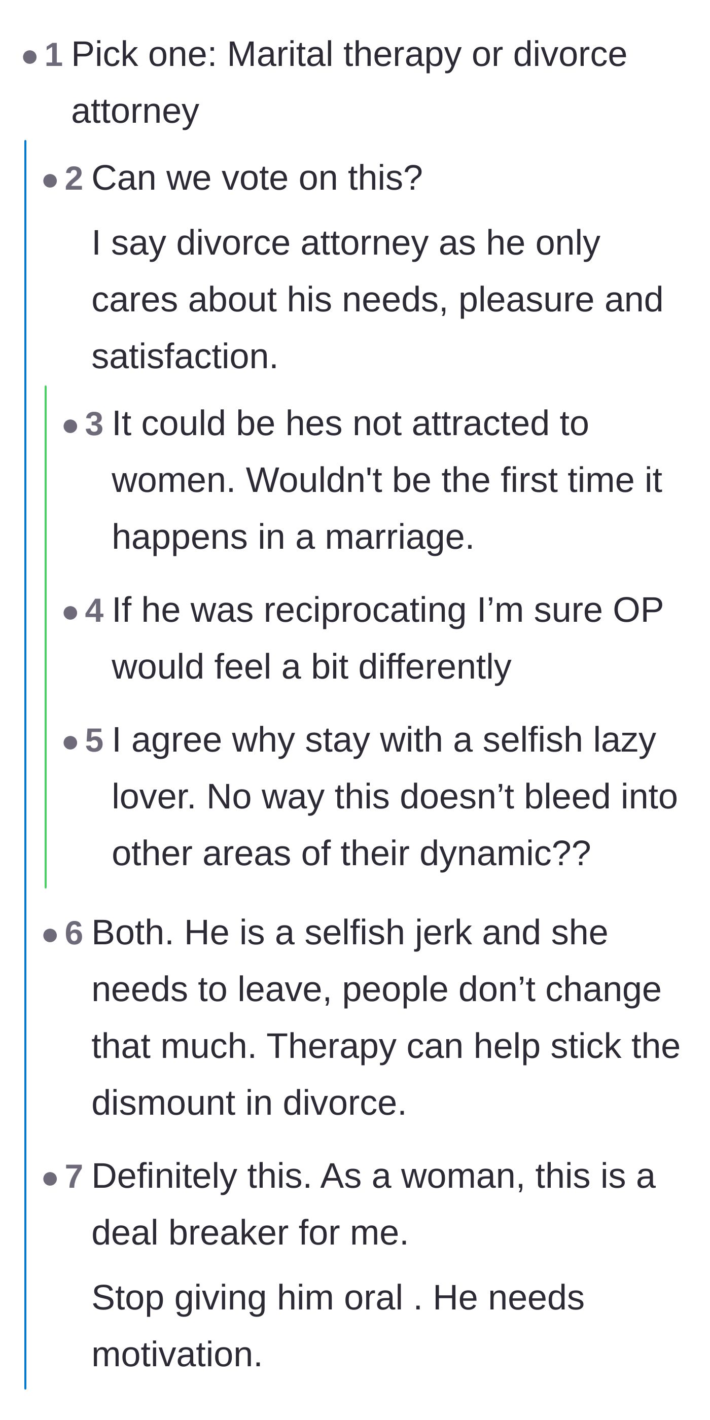 Comment thread 1 - Advice on choosing between marital therapy and a divorce attorney