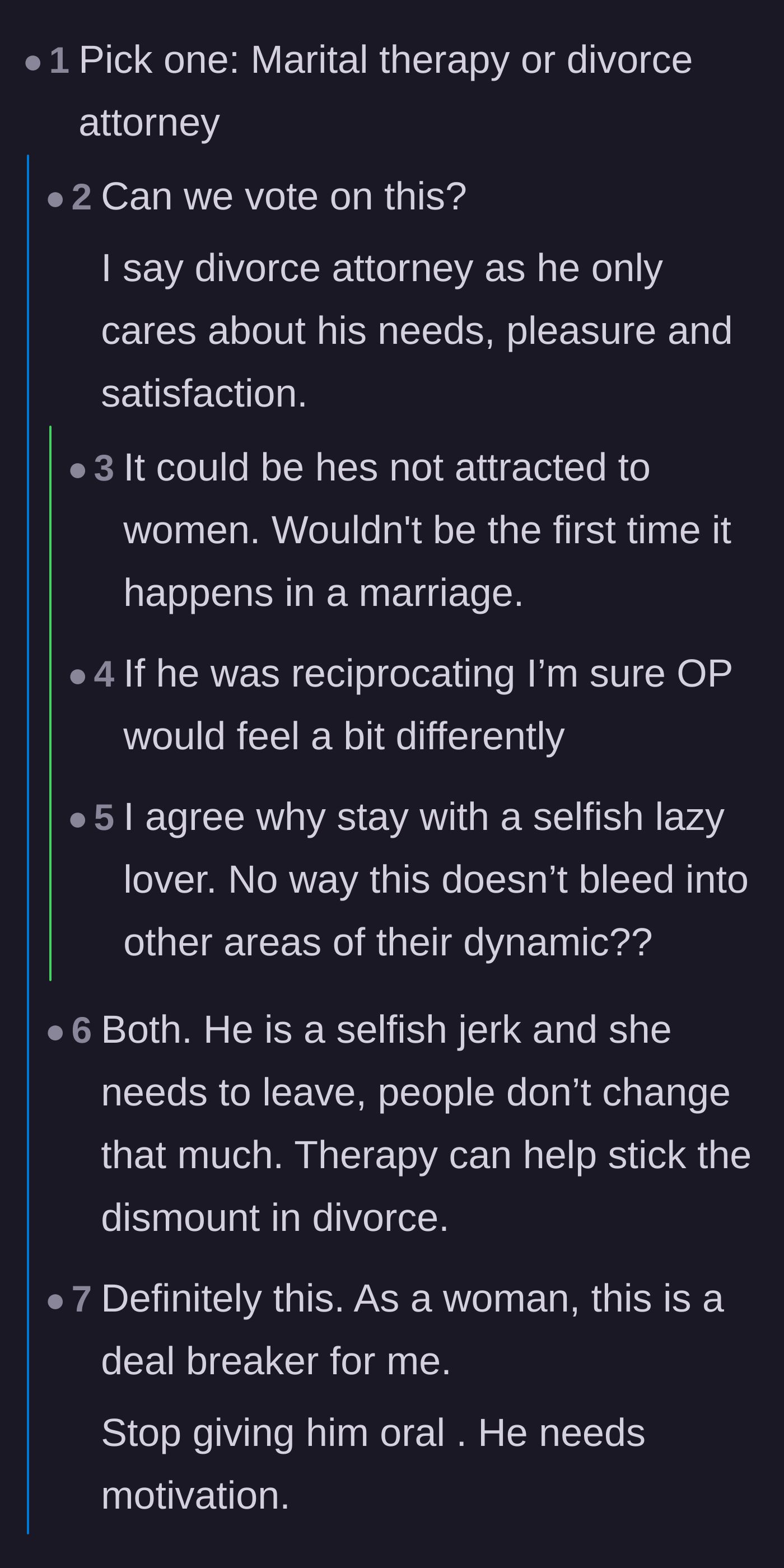 Comment thread 1 - Advice on choosing between marital therapy and a divorce attorney
