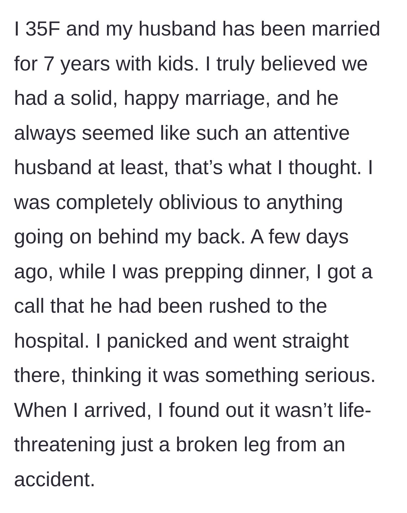 Story part 1 - A desperate wife rushing to the hospital after getting a terrifying phone call about her husband's accident.