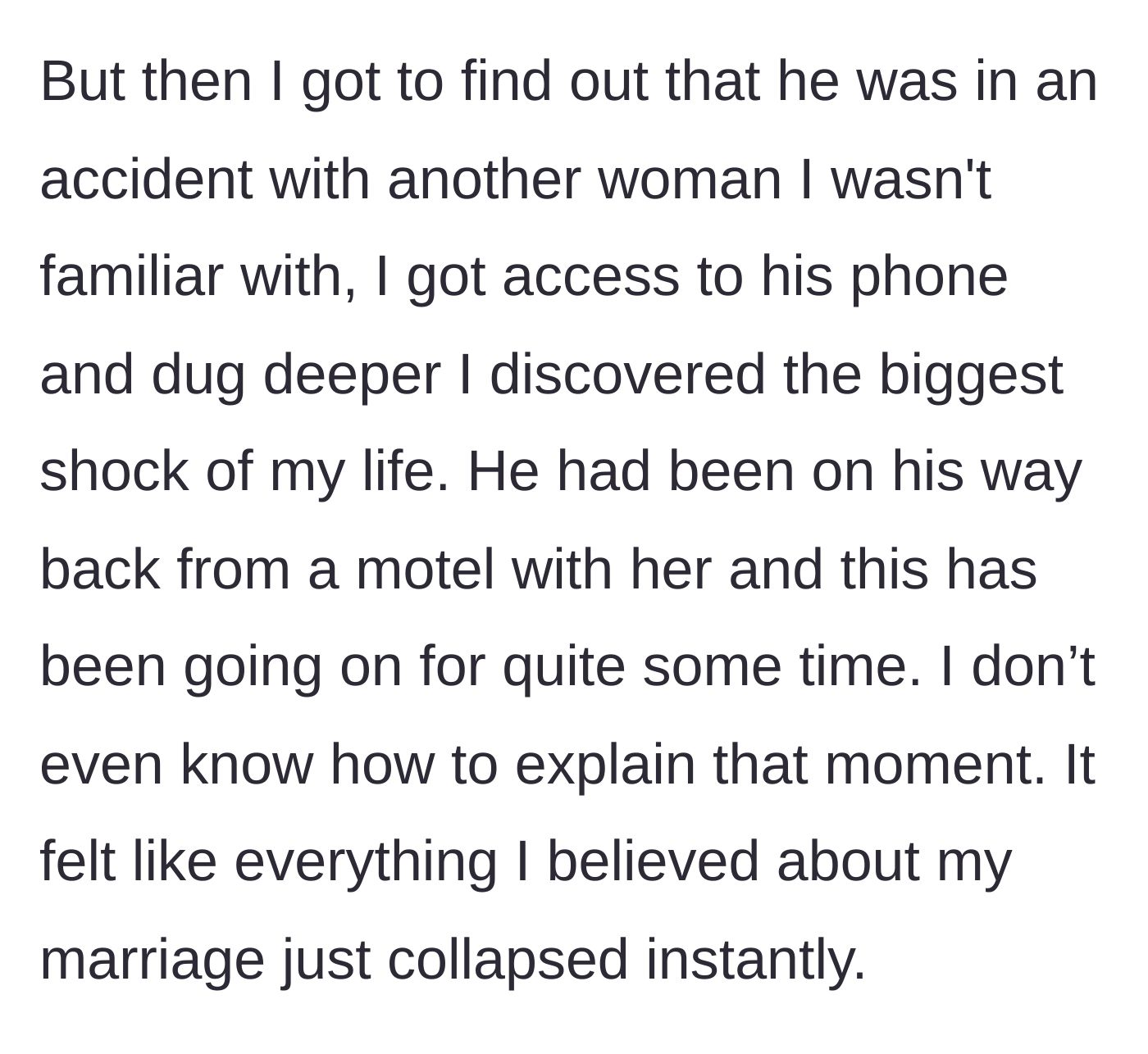 Story part 2 - A shocked wife looking through a phone in a hospital room, discovering her husband's long-term affair.