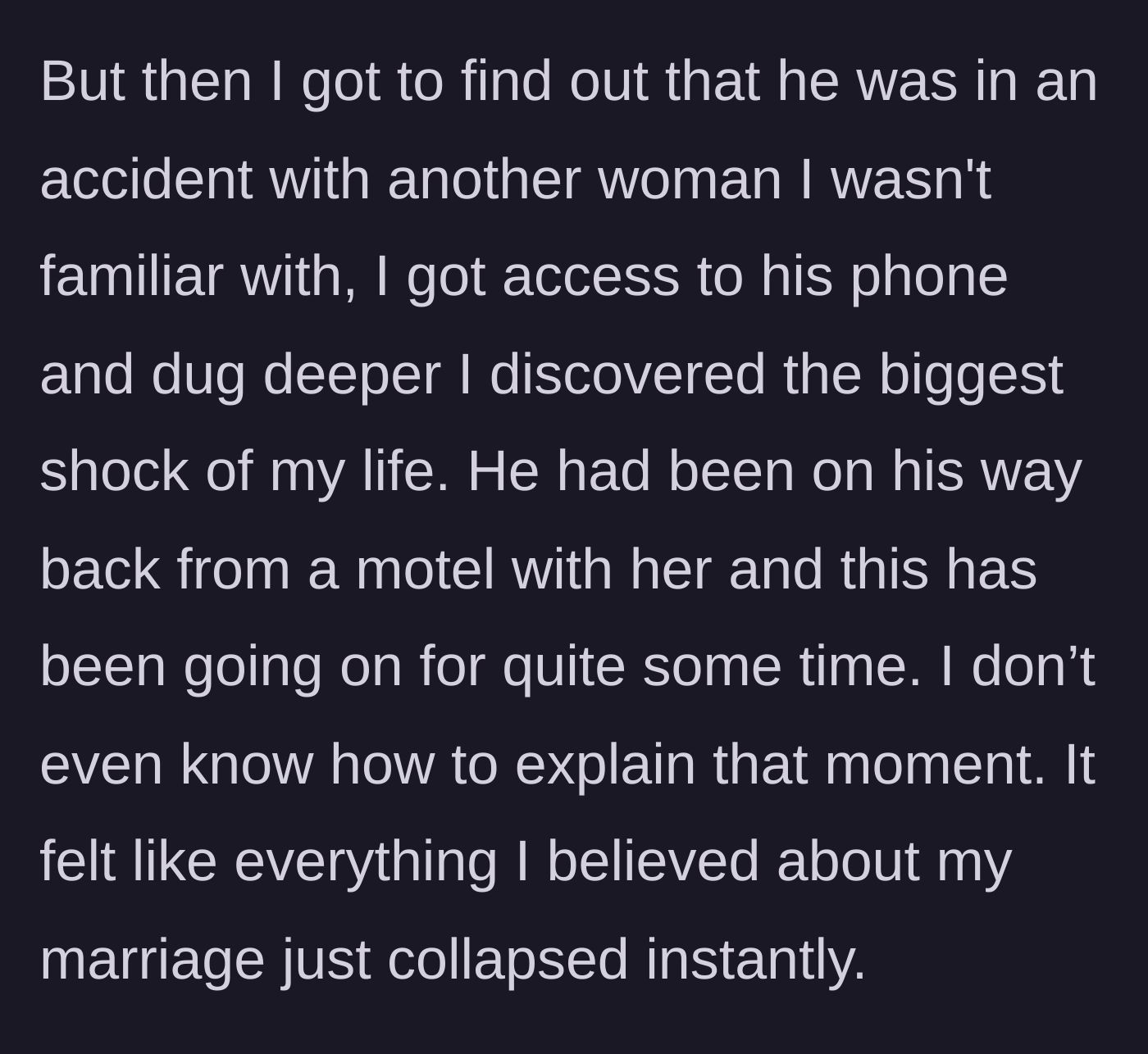 Story part 2 - A shocked wife looking through a phone in a hospital room, discovering her husband's long-term affair.