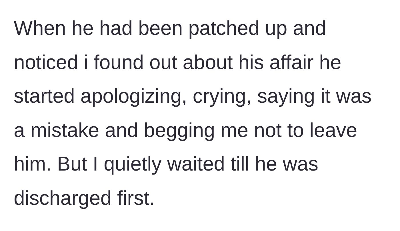 Story part 3 - A guilty husband crying in a hospital bed while his betrayed wife sits quietly and waits for his discharge.