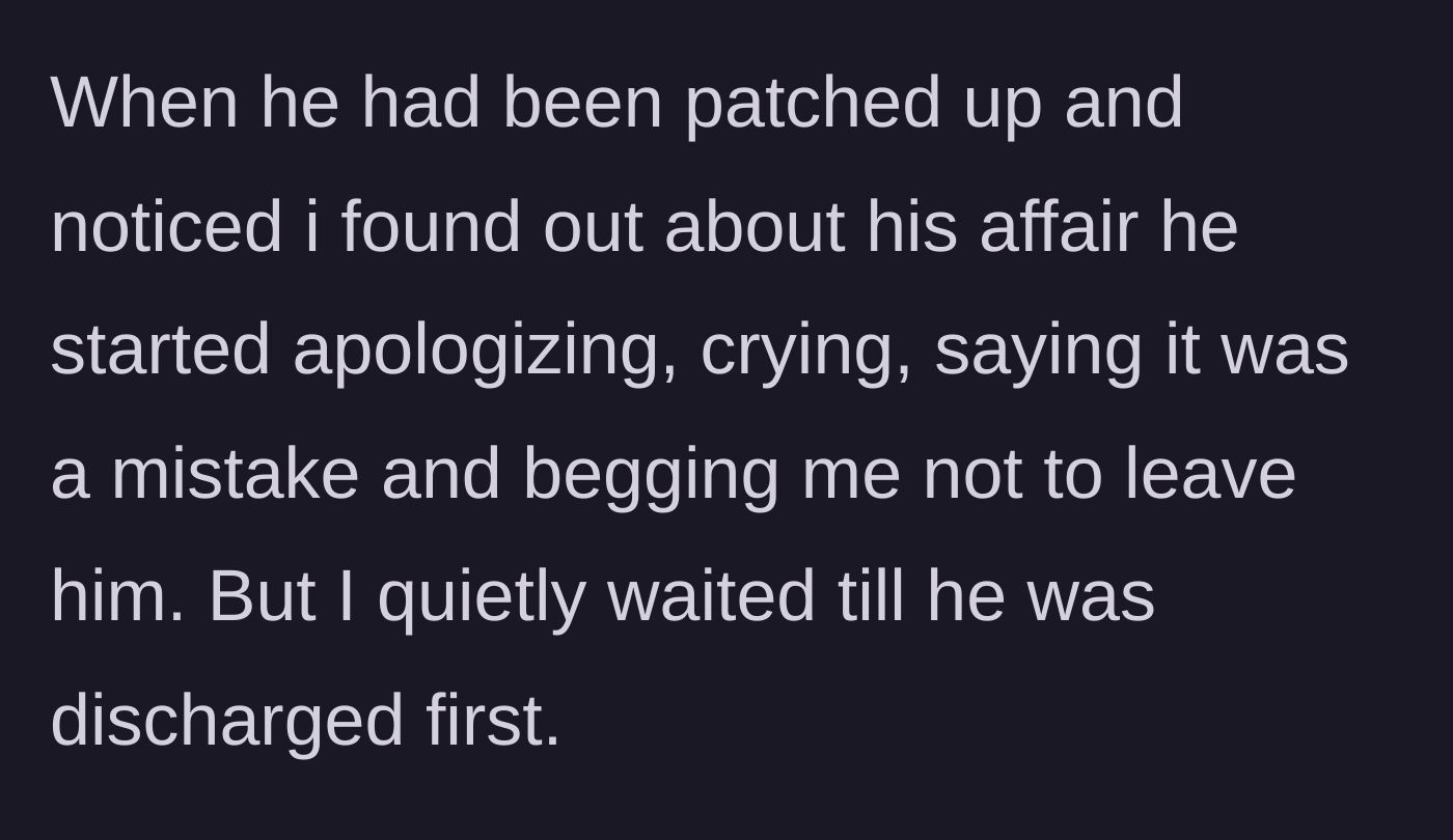 Story part 3 - A guilty husband crying in a hospital bed while his betrayed wife sits quietly and waits for his discharge.