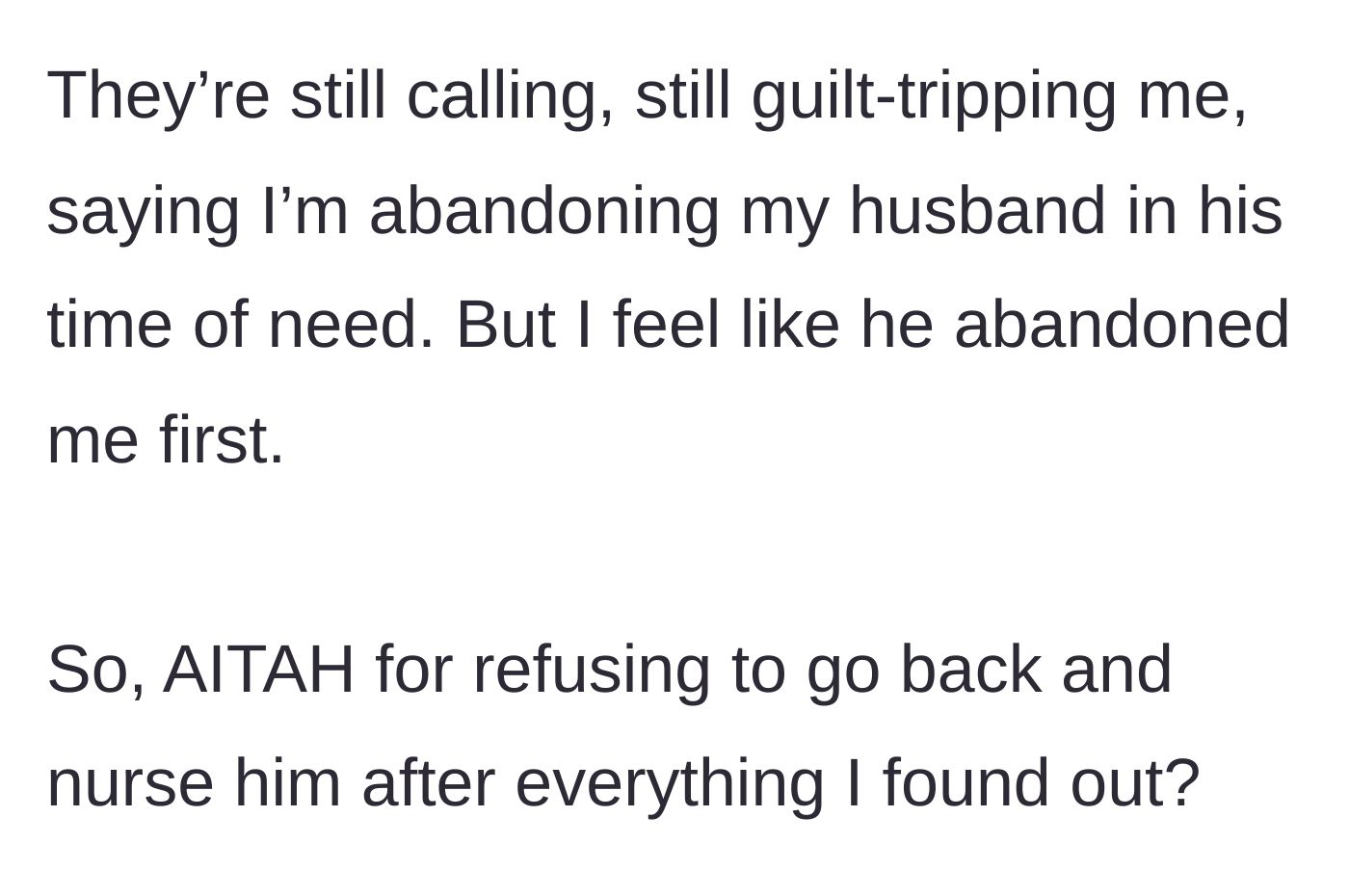 Story part 6 - A conflicted and sorrowful woman pondering if she made the right choice by walking away from her marriage.