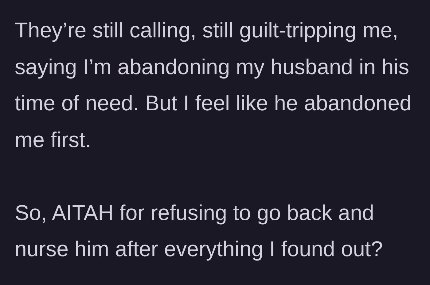 Story part 6 - A conflicted and sorrowful woman pondering if she made the right choice by walking away from her marriage.