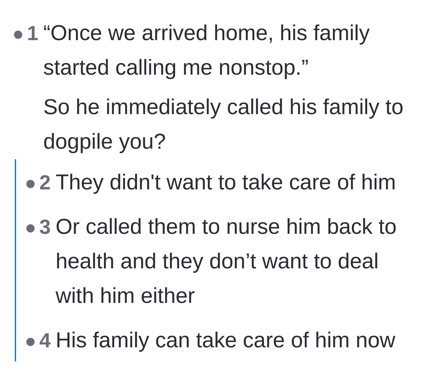 Comment thread 1 - Readers dissecting the husband's shady move of siccing his family on her.