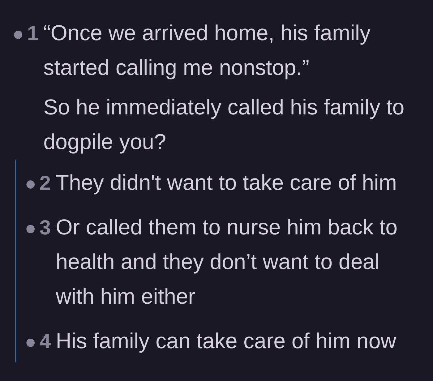 Comment thread 1 - Readers dissecting the husband's shady move of siccing his family on her.