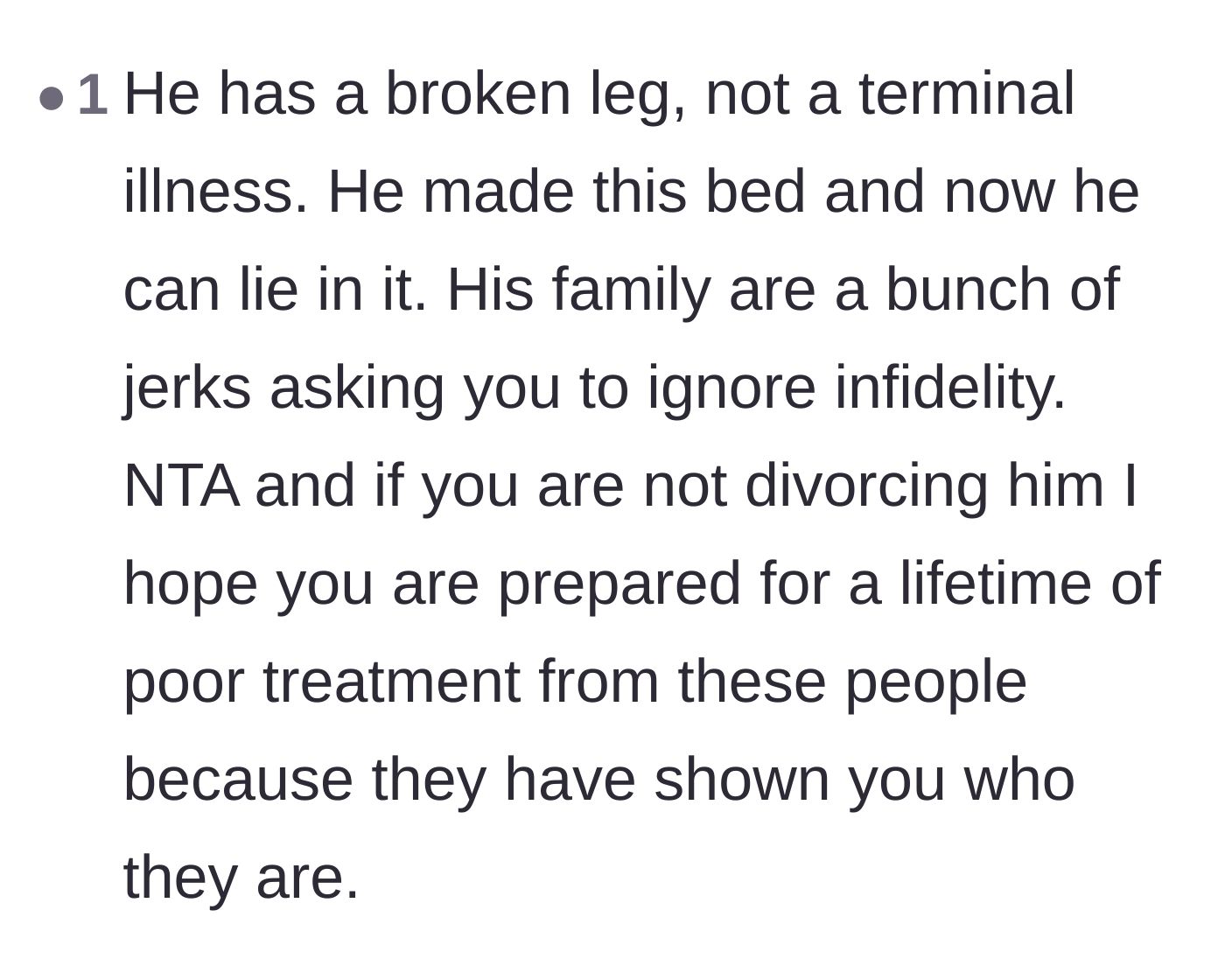 Comment thread 3 - A blunt reminder that a broken leg is no excuse for betrayal and toxic in-laws.