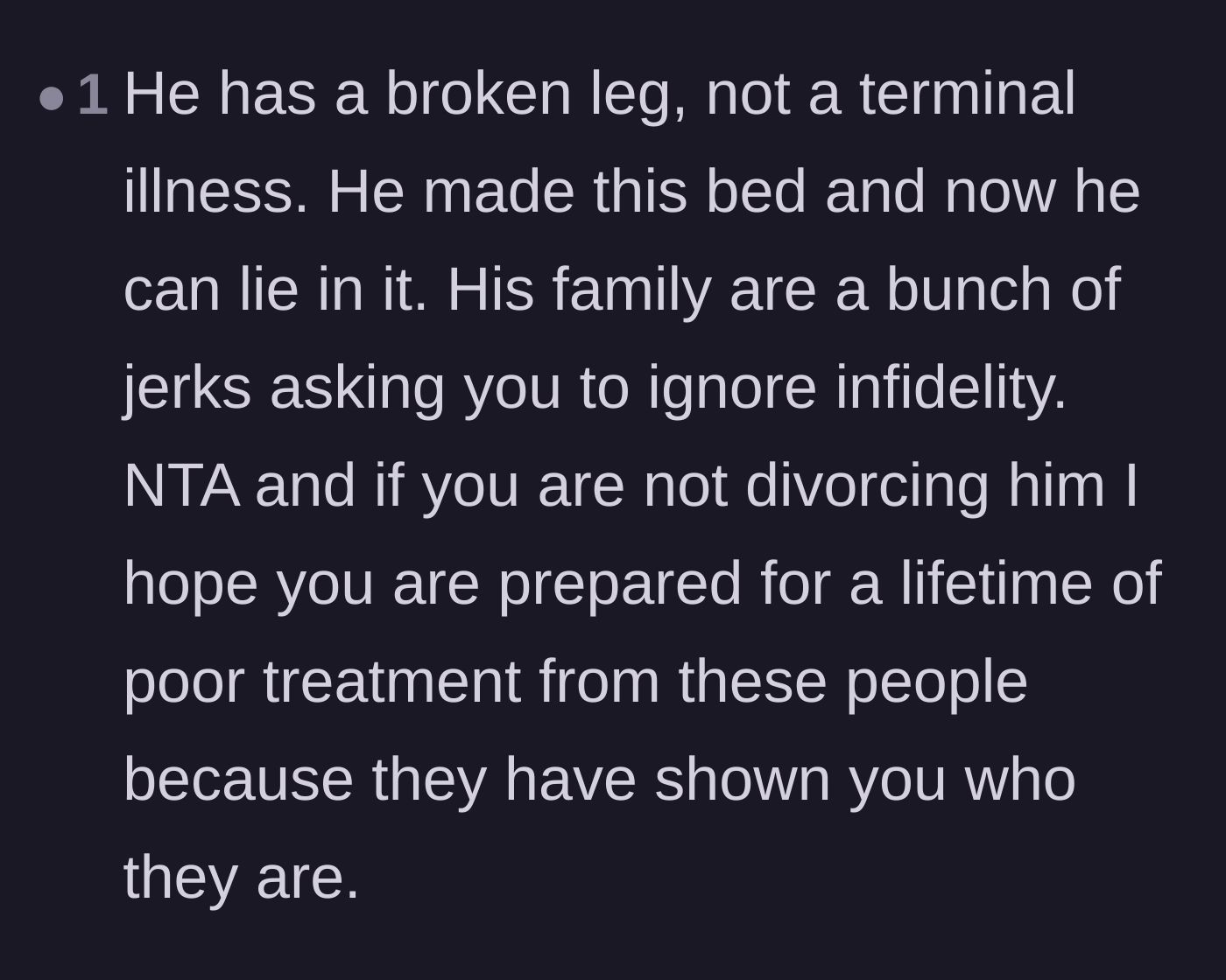 Comment thread 3 - A blunt reminder that a broken leg is no excuse for betrayal and toxic in-laws.