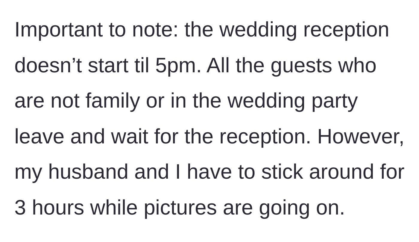 Story part 3 - The agonizing three-hour wait outside the church while the newlyweds take photos before the 5 PM reception.