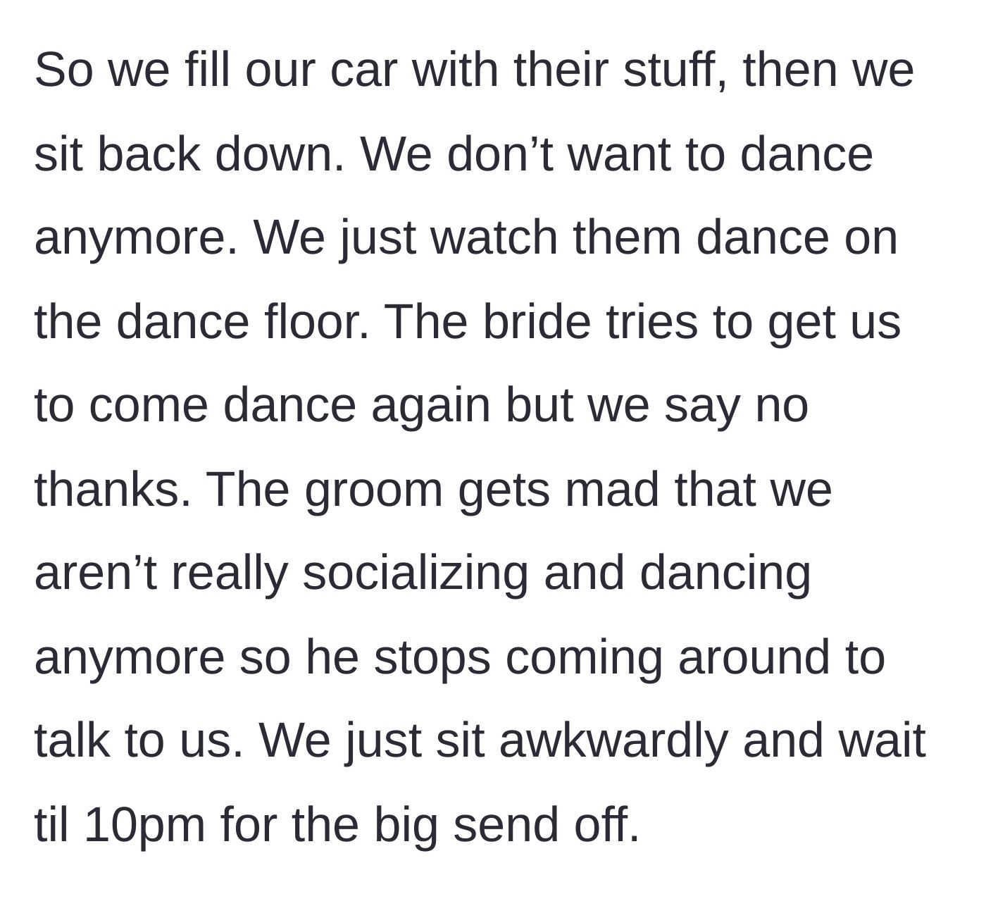 Story part 7 - The couple loading up the car with gifts and then sitting awkwardly until the 10 PM send-off.