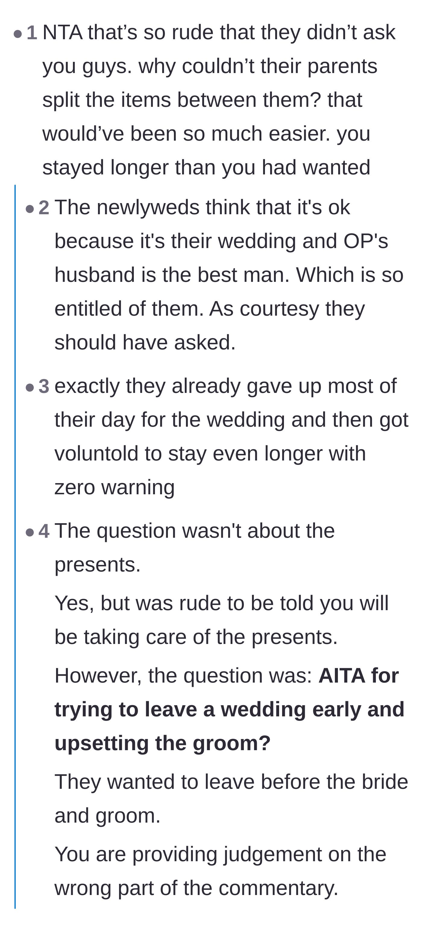 Comment thread 1 - A debate about whether the surprise gift duty was completely rude or just standard Best Man expectations.