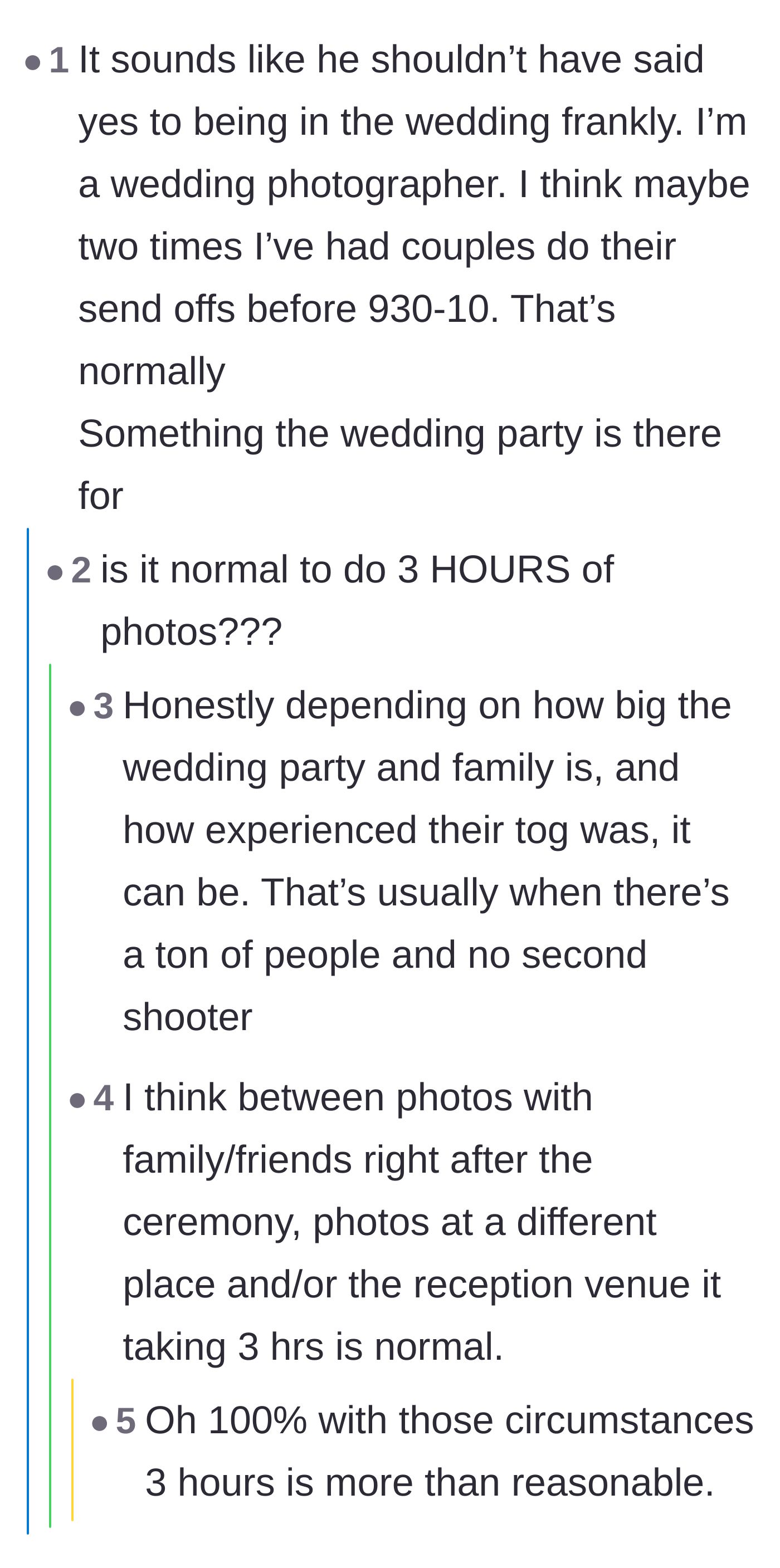 Comment thread 5 - A wedding photographer chiming in to say that three hours of photos and late send-offs are actually completely standard.