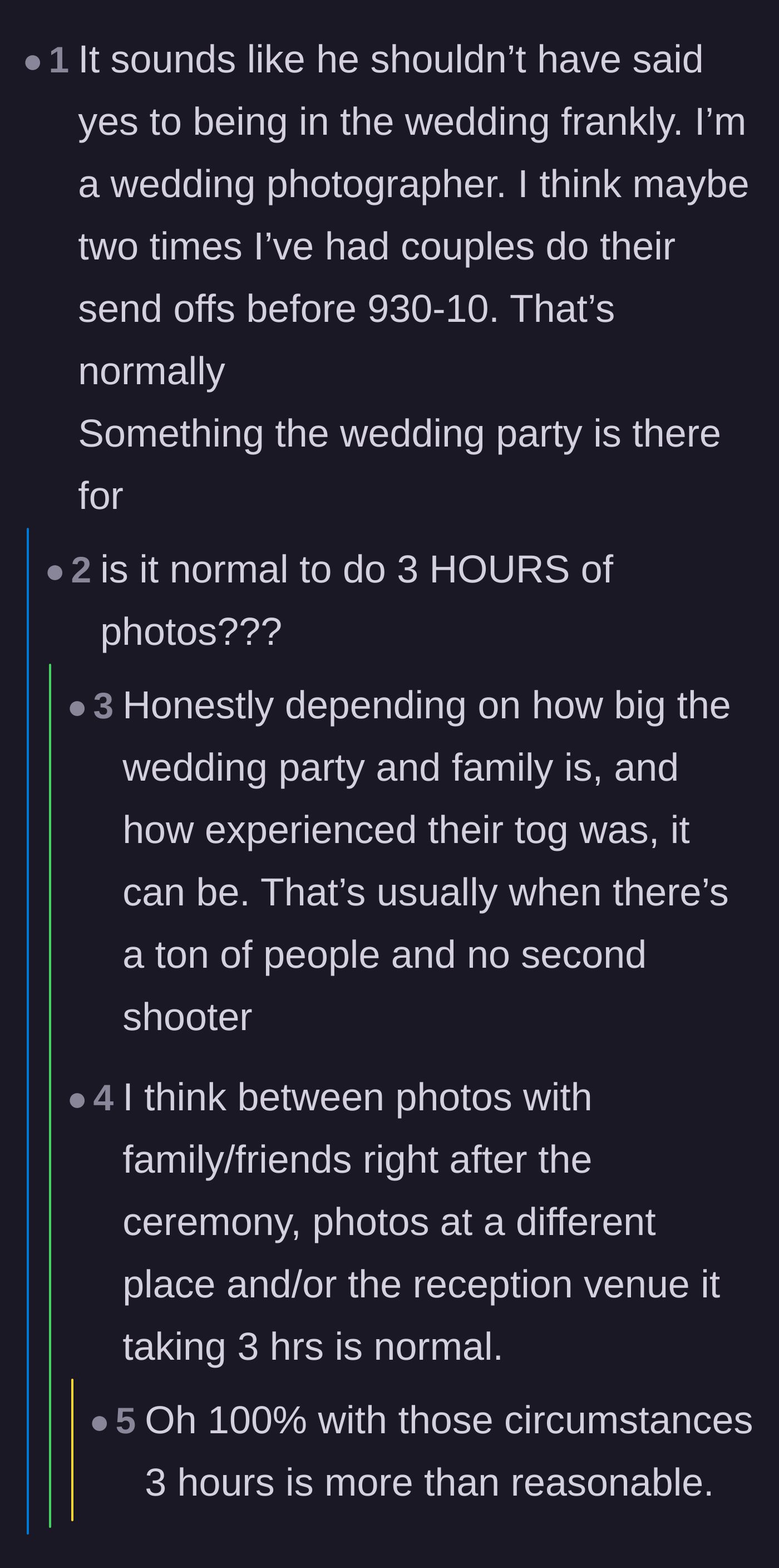 Comment thread 5 - A wedding photographer chiming in to say that three hours of photos and late send-offs are actually completely standard.