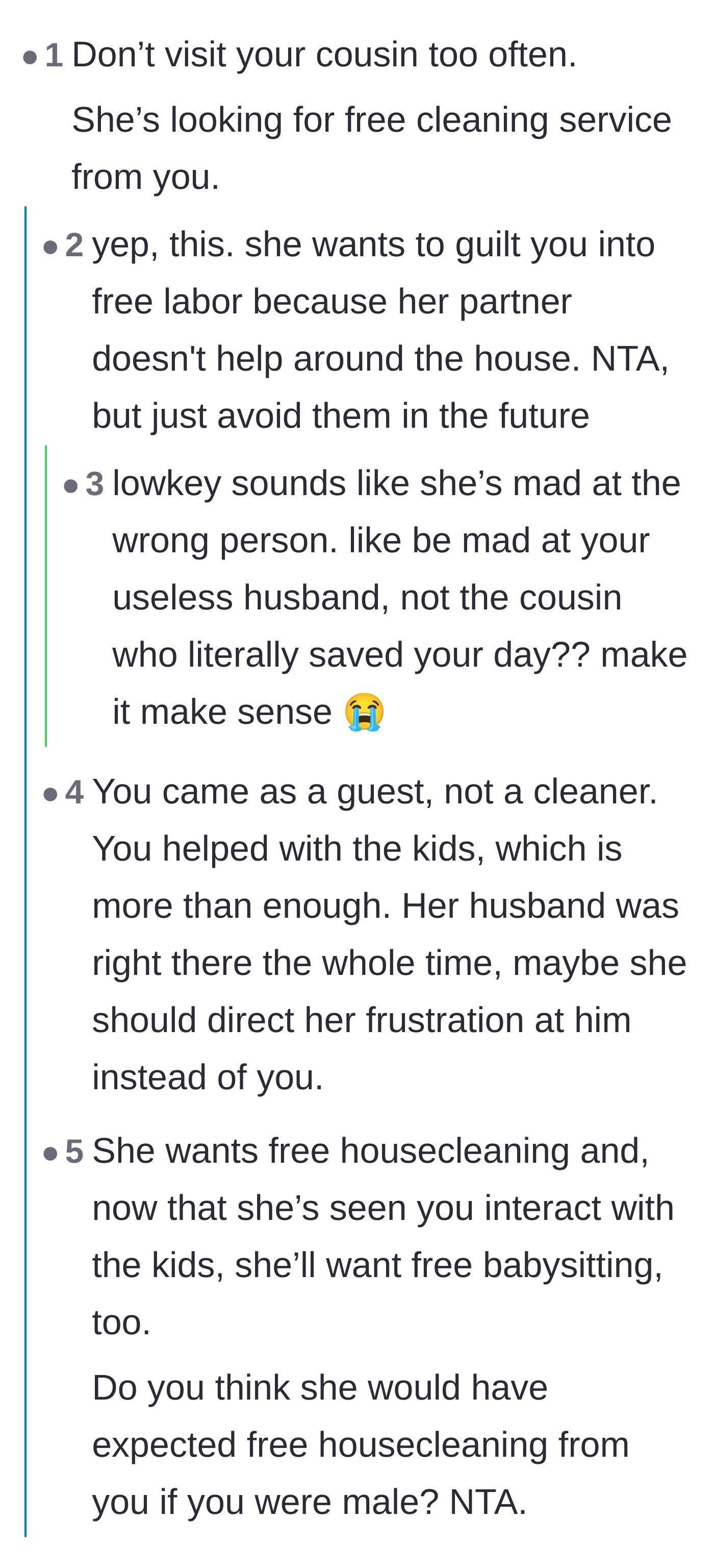 Comment thread 1 - Readers discussing how the cousin is misdirecting her anger away from her useless husband and onto the helpful guest.