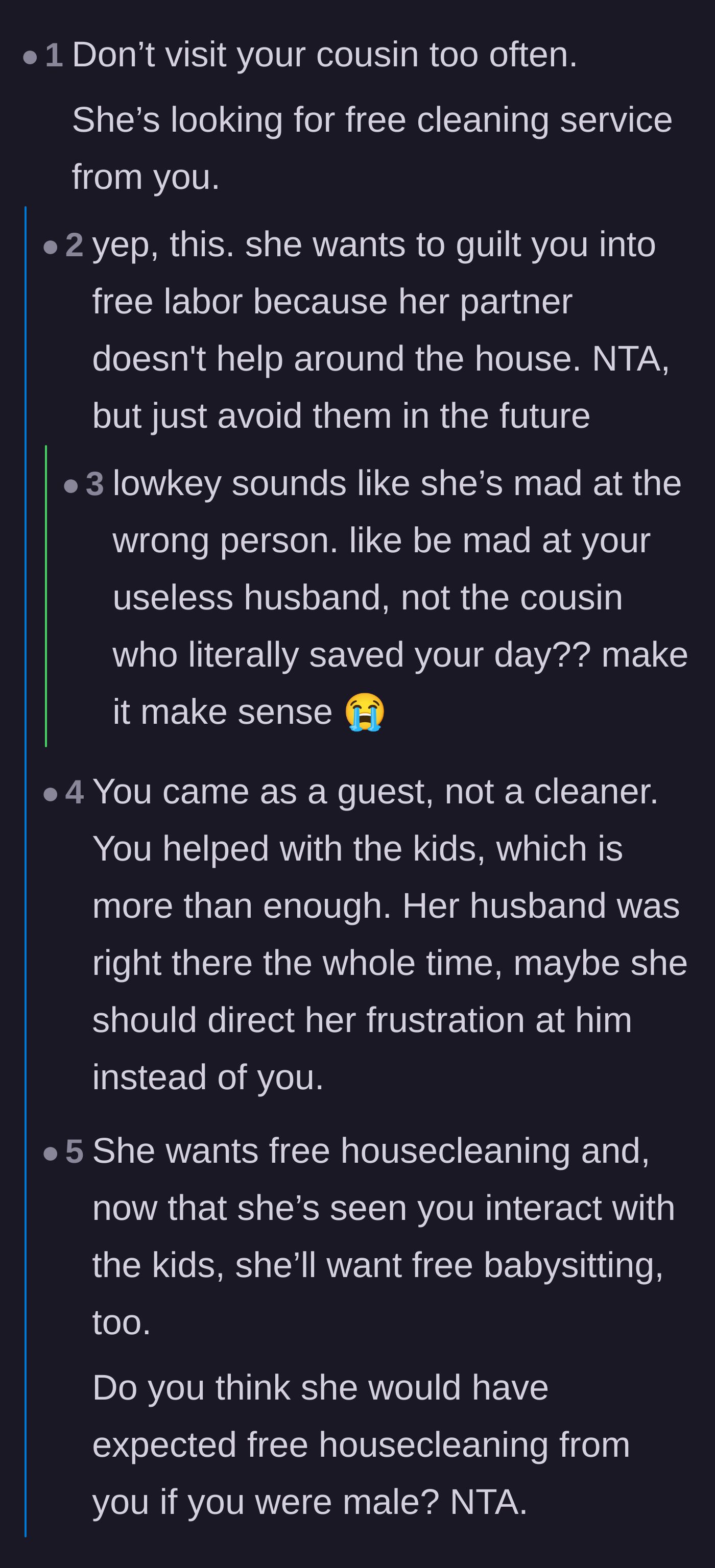 Comment thread 1 - Readers discussing how the cousin is misdirecting her anger away from her useless husband and onto the helpful guest.