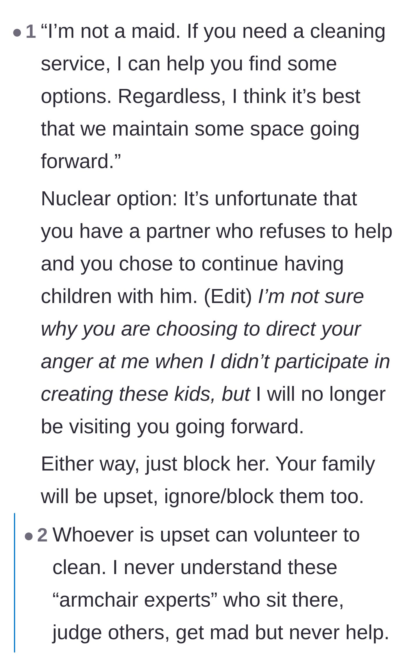 Comment thread 4 - Suggestions for setting firm boundaries and providing direct scripts to call out the husband's lack of help.
