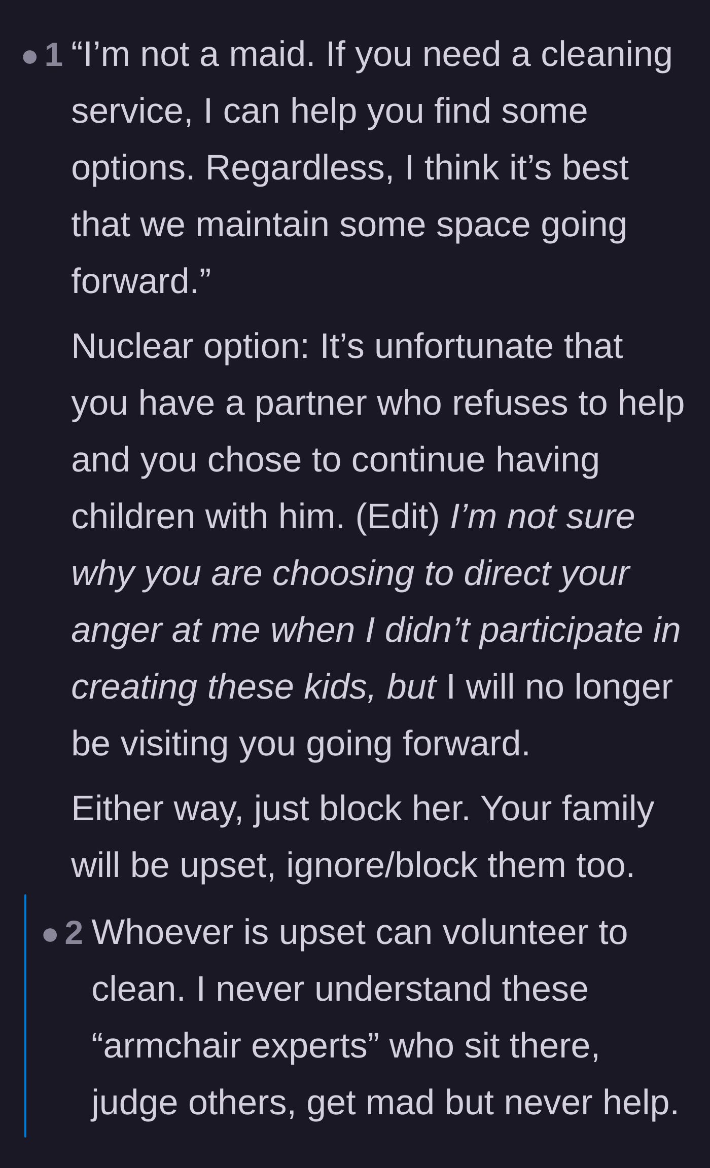 Comment thread 4 - Suggestions for setting firm boundaries and providing direct scripts to call out the husband's lack of help.