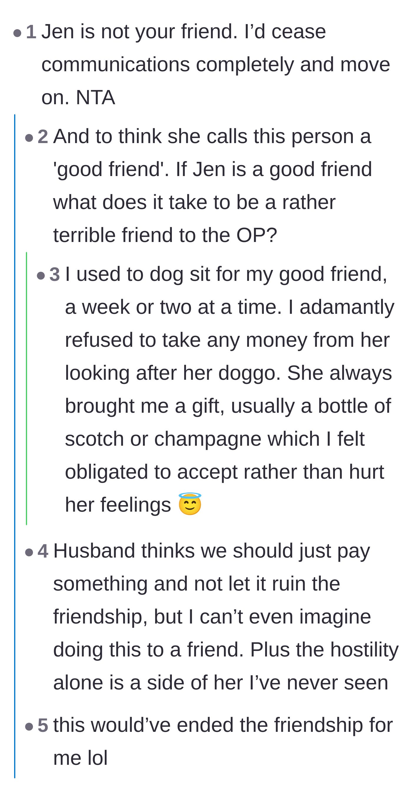 Comment thread 2 - Commenters shut down the husband's suggestion to pay Jen just to save the friendship.